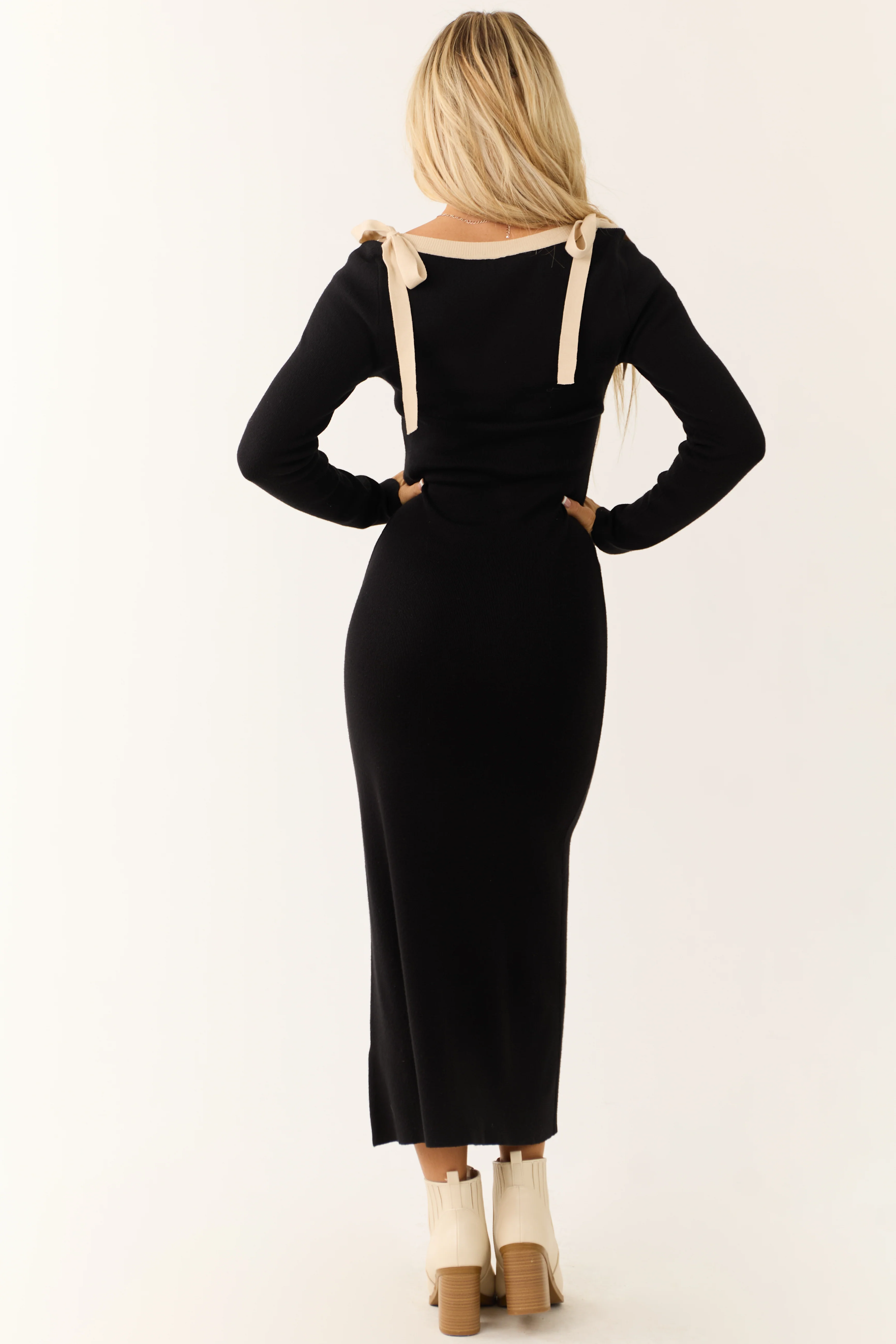 Black Contrast Neckline Bow Shoulder Maxi Dress - Image 8
