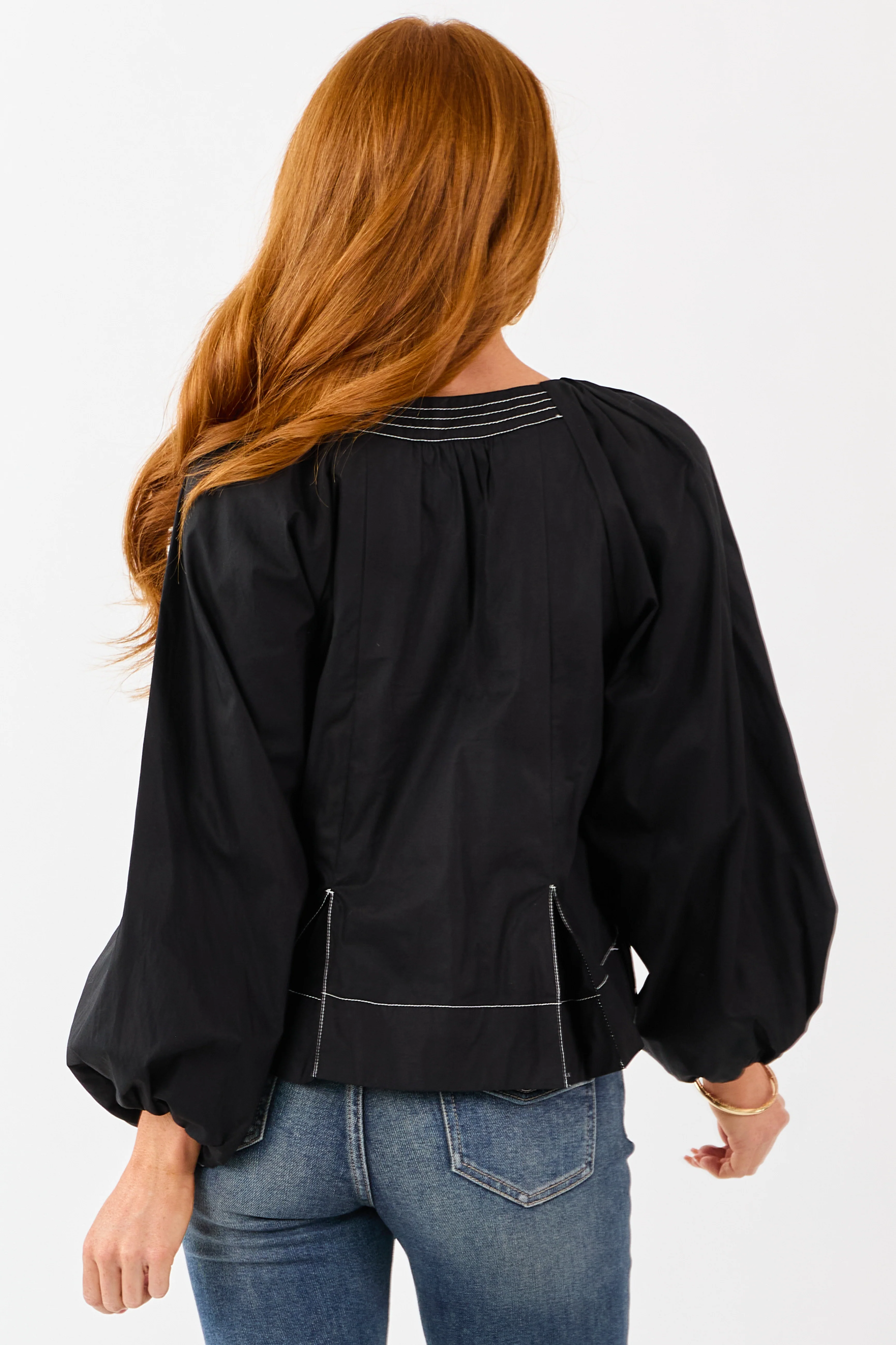 Black Contrast Stitch Keyhole Pleated Cotton Top - Image 5