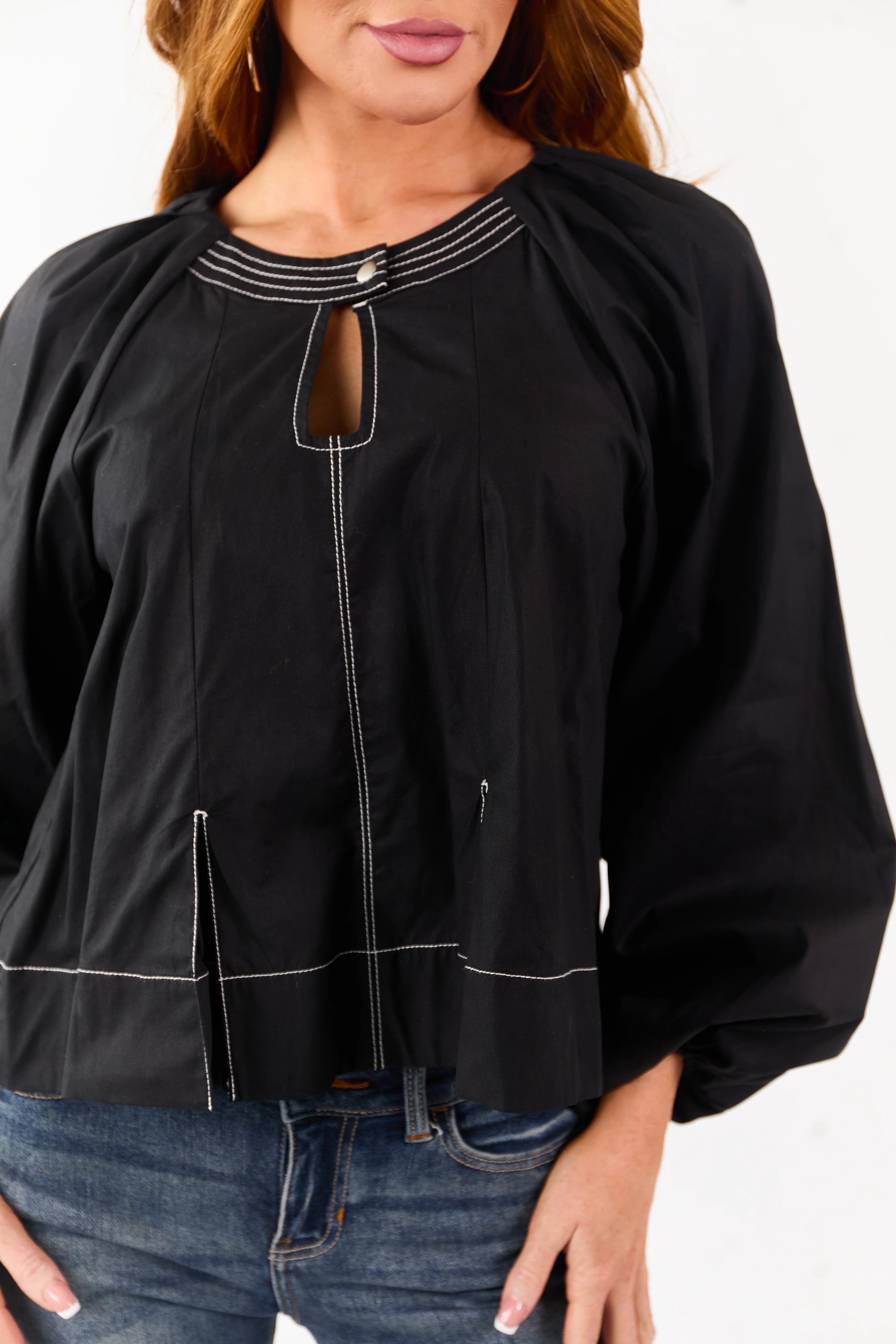 Black Contrast Stitch Keyhole Pleated Cotton Top - Image 6