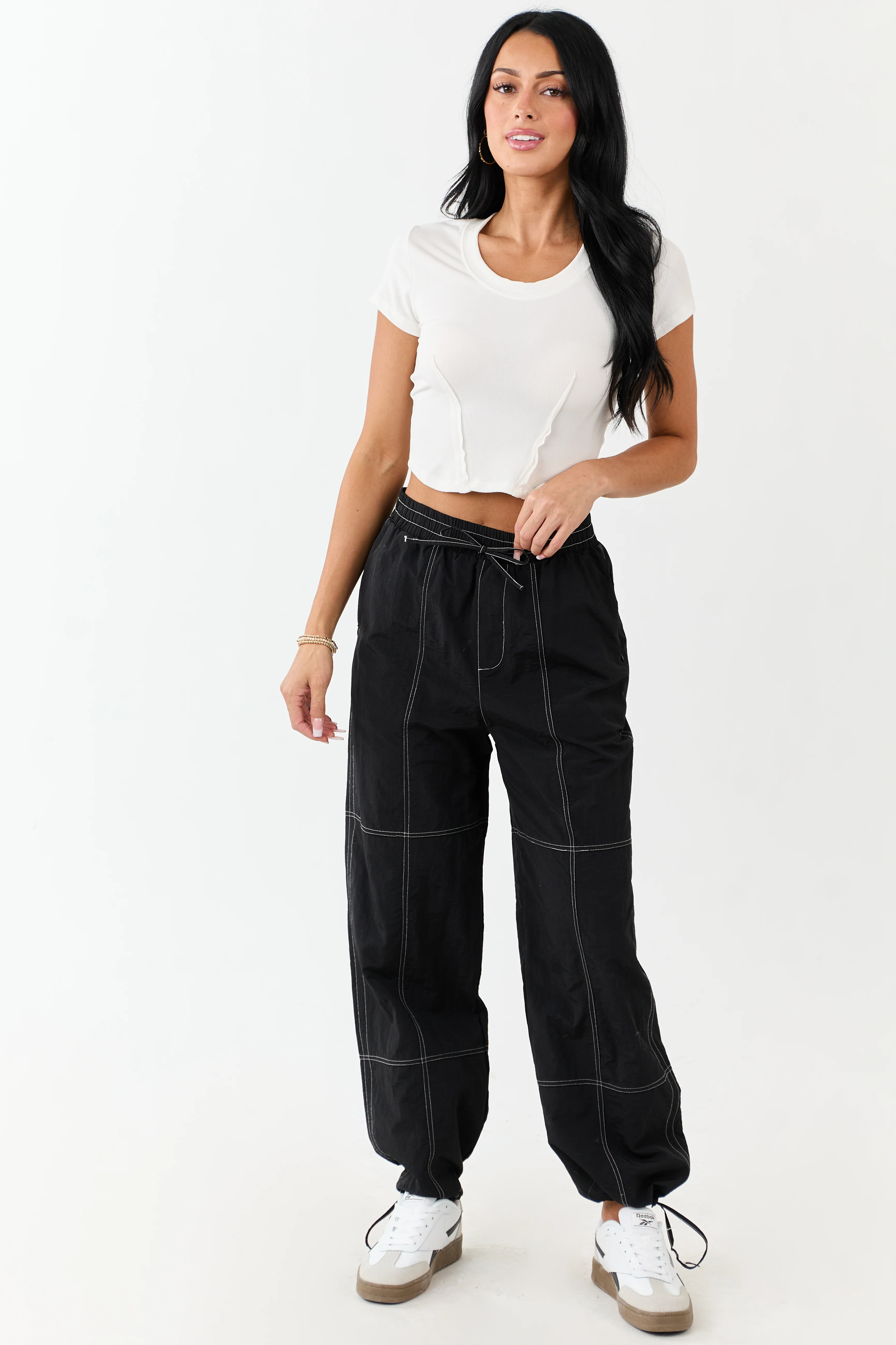 Black Contrast Stitch Wide Leg Drawstring Pants - Image 6