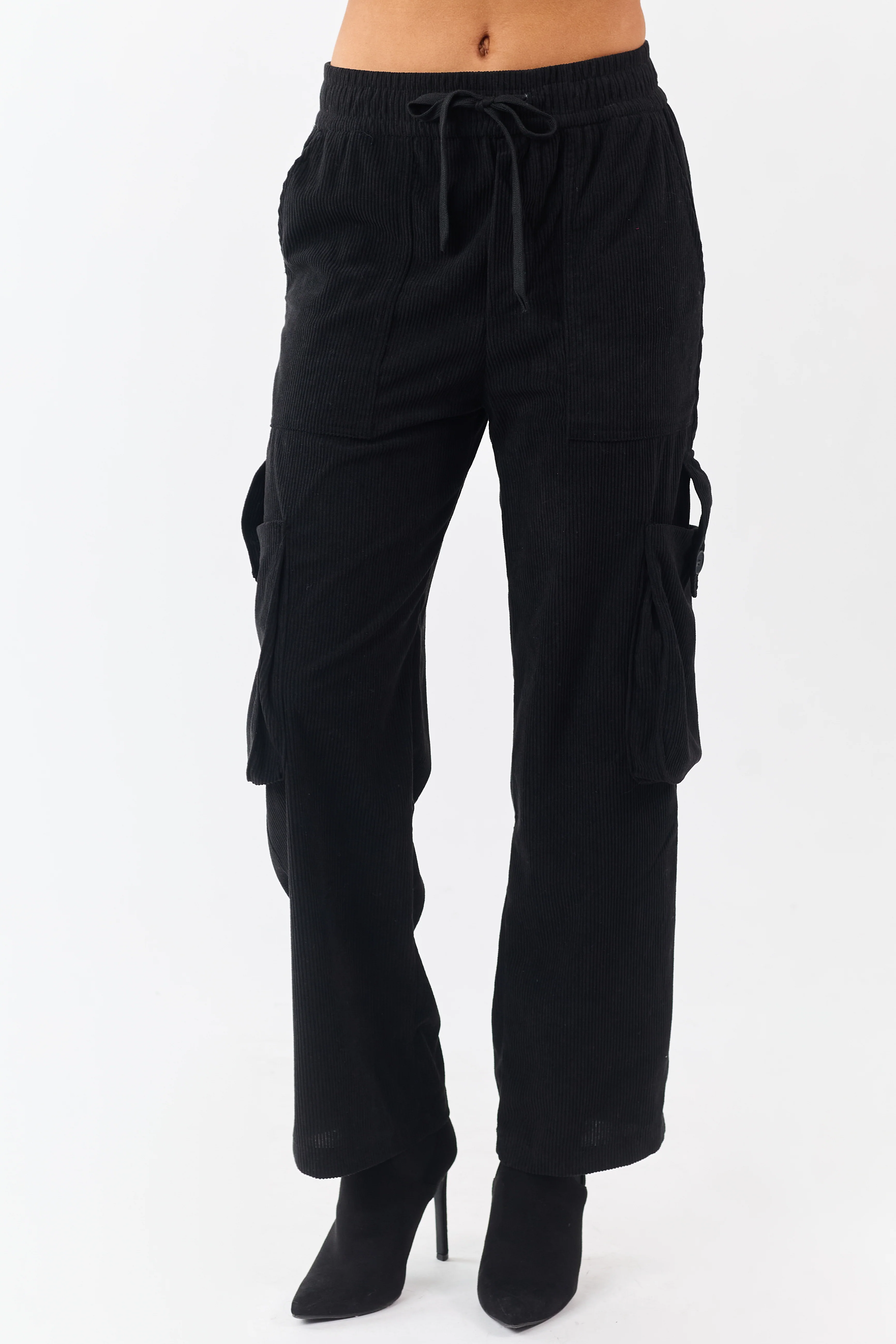 Black Corduroy Drawstring Waist Cargo Pants - Image 2