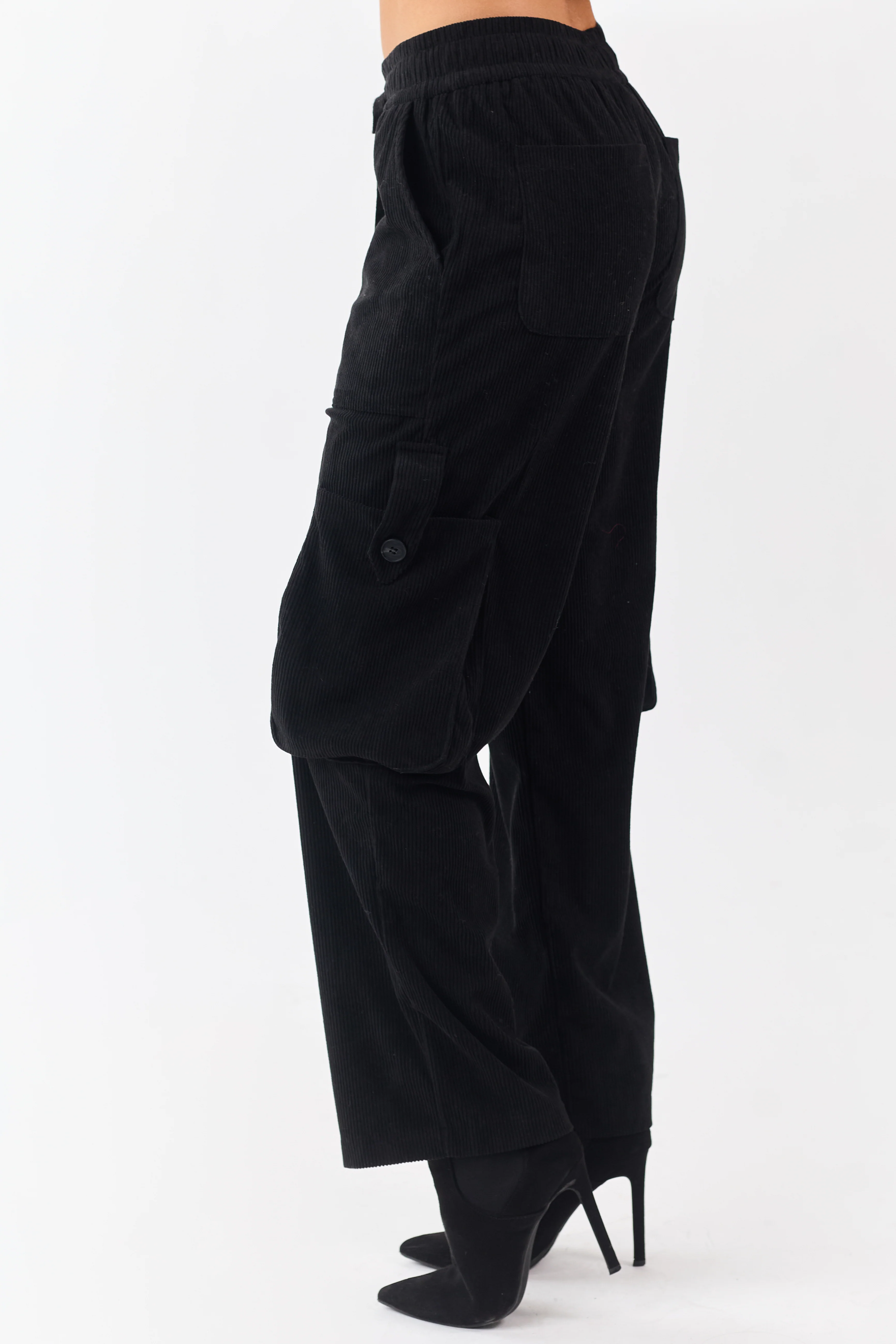 Black Corduroy Drawstring Waist Cargo Pants - Image 3