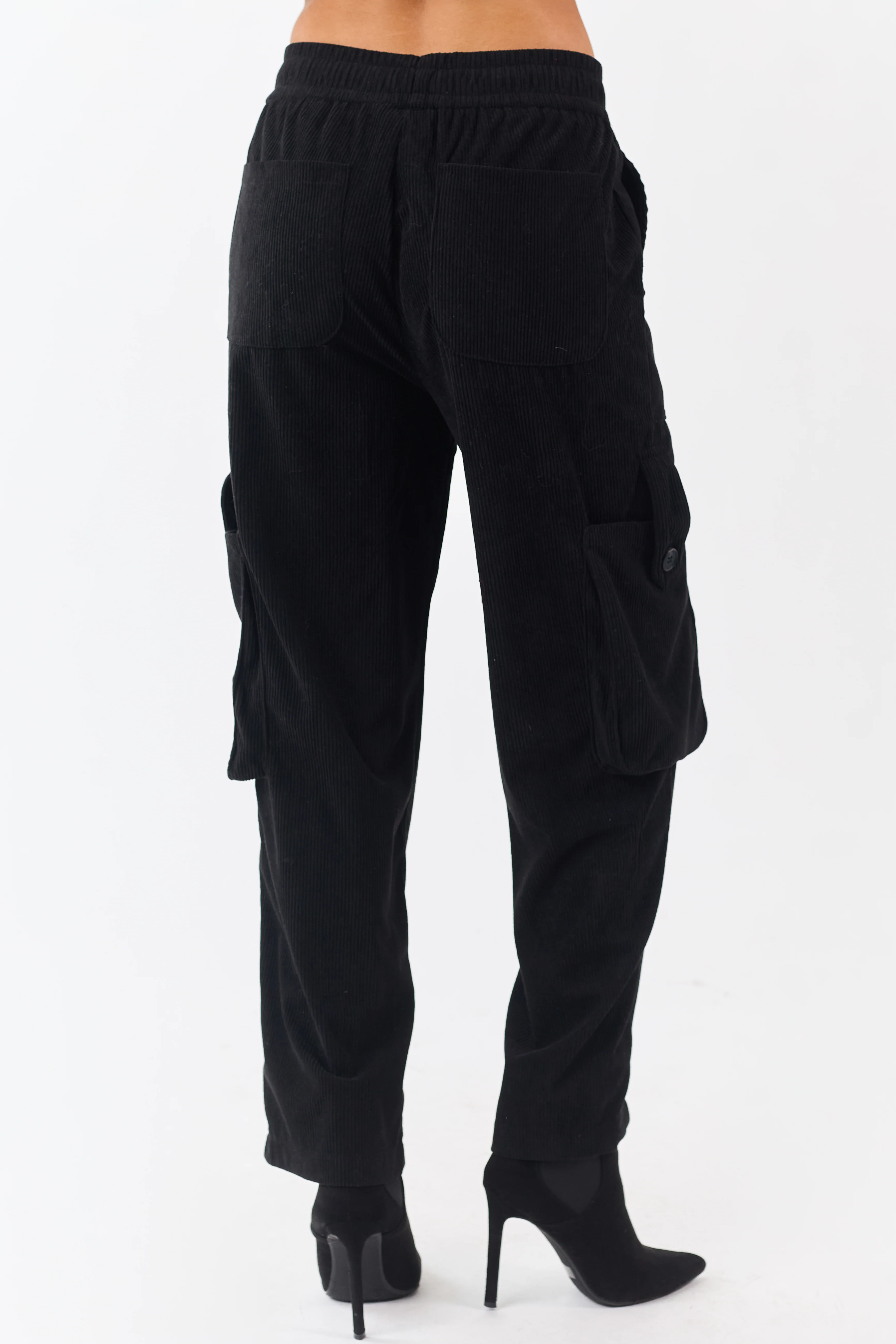 Black Corduroy Drawstring Waist Cargo Pants - Image 4