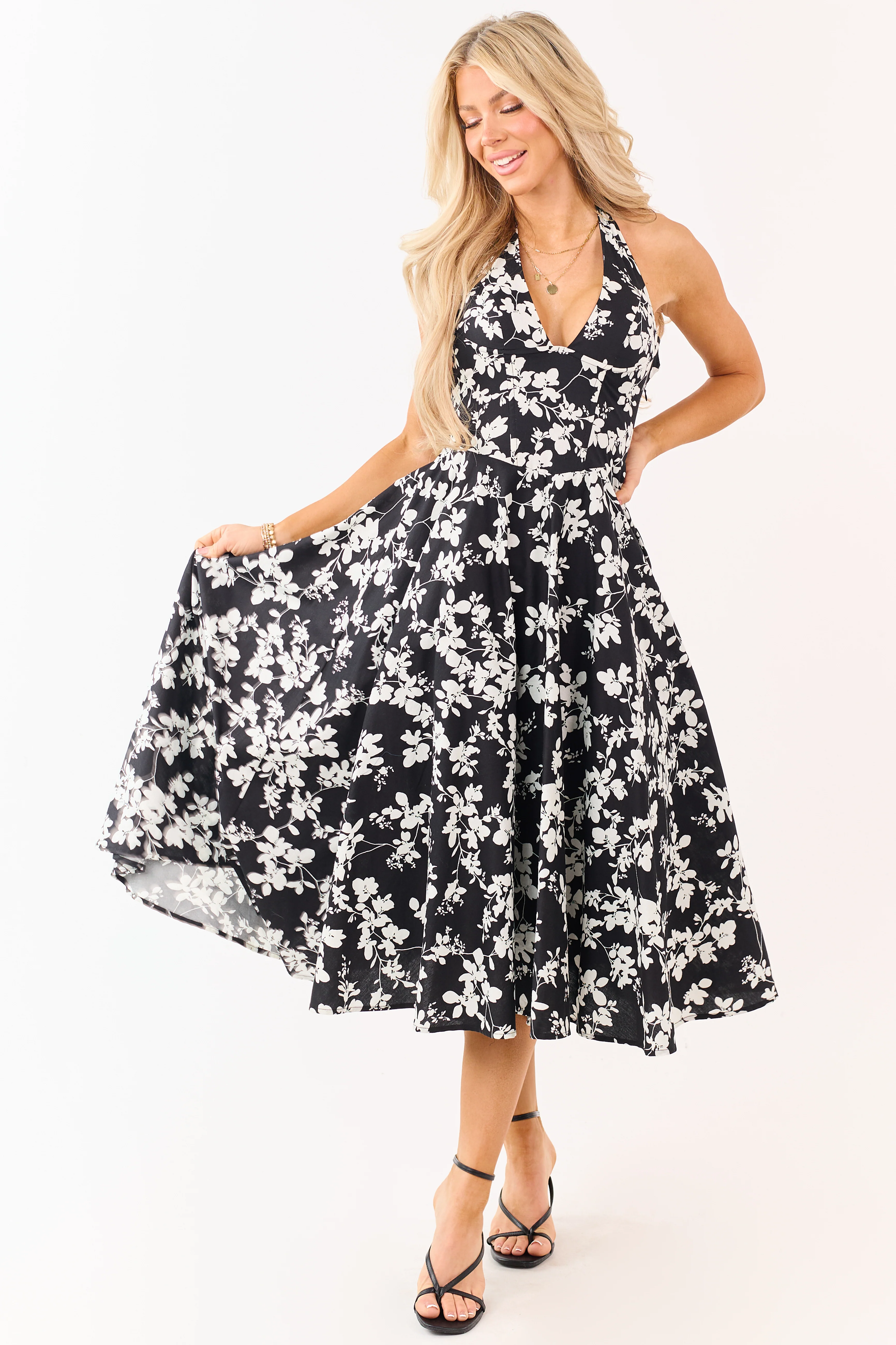 Black Cotton Floral Print Halter Neck Midi Dress - Image 3