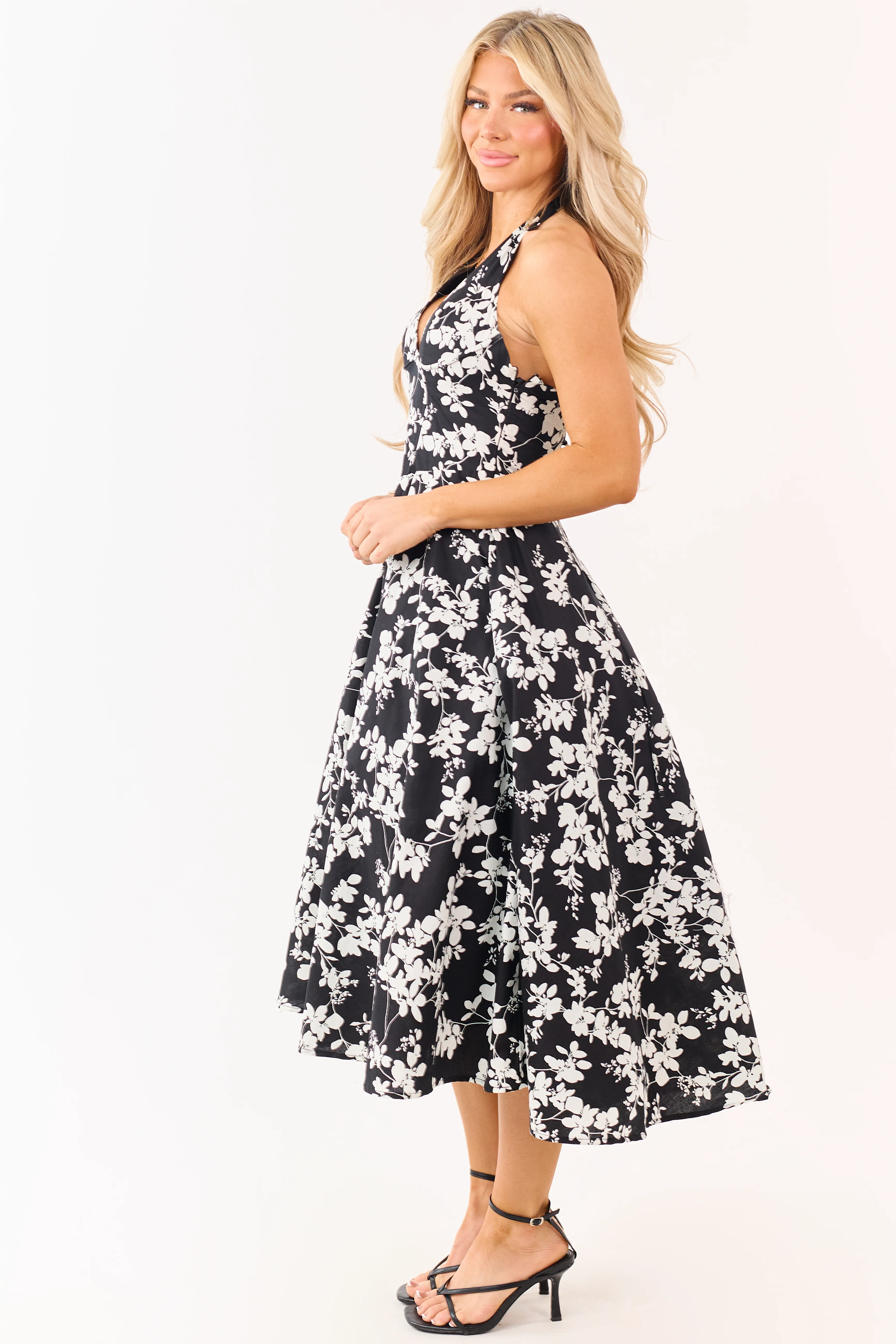 Black Cotton Floral Print Halter Neck Midi Dress - Image 4
