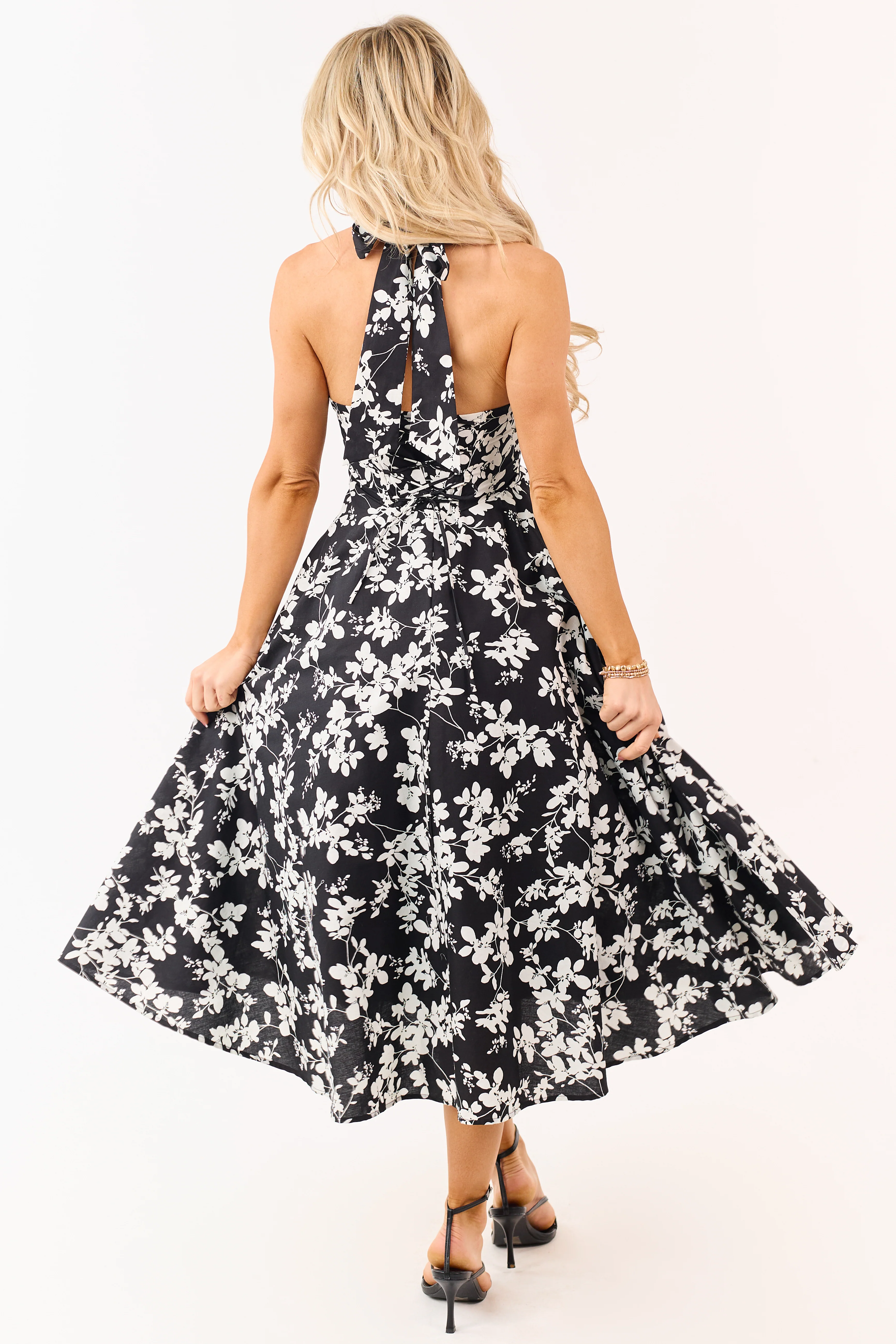 Black Cotton Floral Print Halter Neck Midi Dress - Image 5