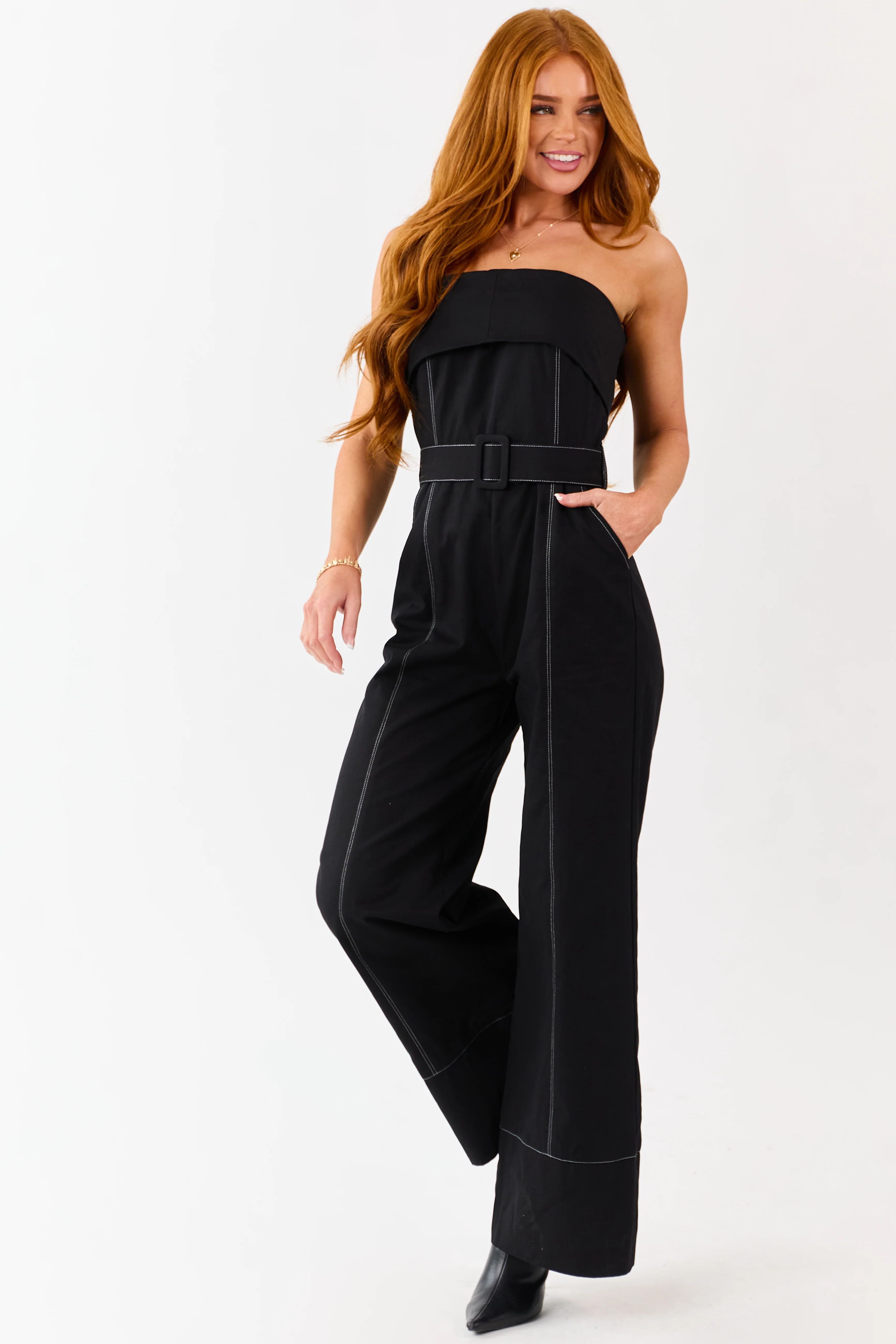Black Cotton Strapless Contrast Stitching Jumpsuit - Image 3