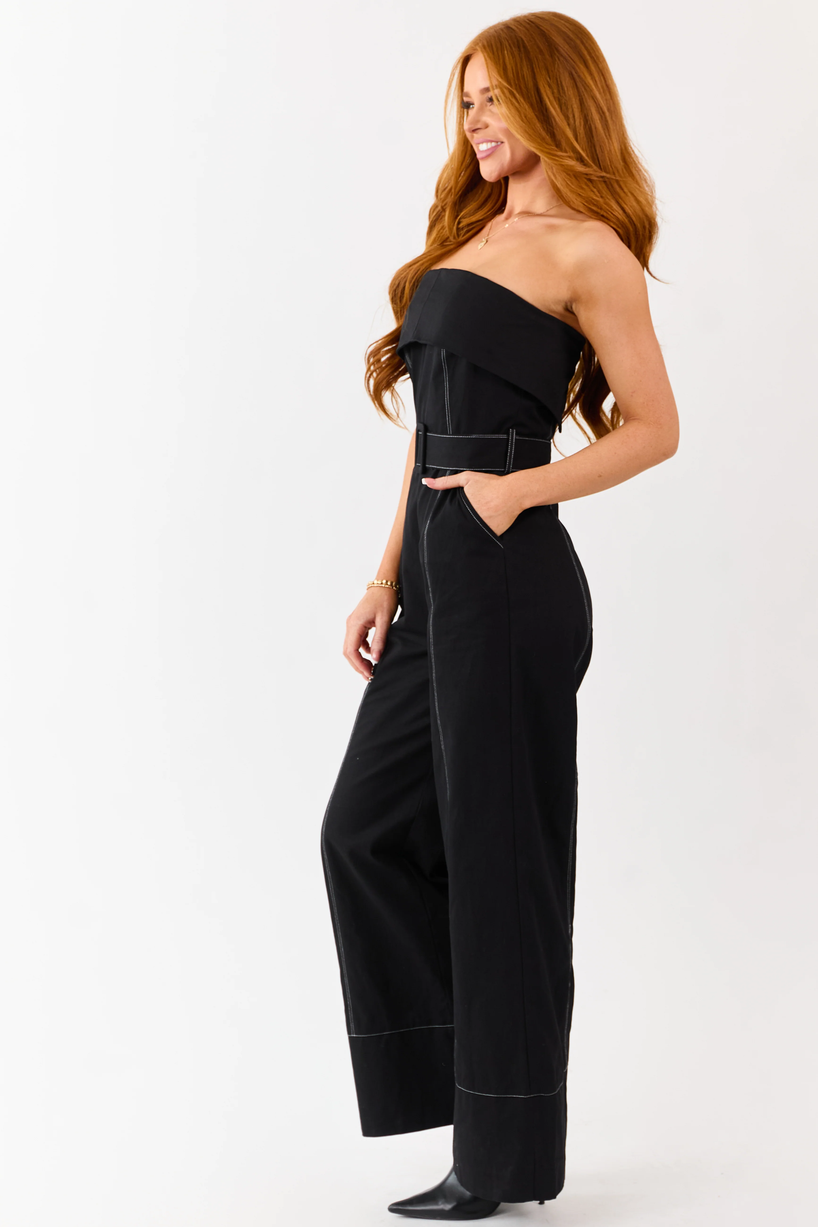 Black Cotton Strapless Contrast Stitching Jumpsuit - Image 5