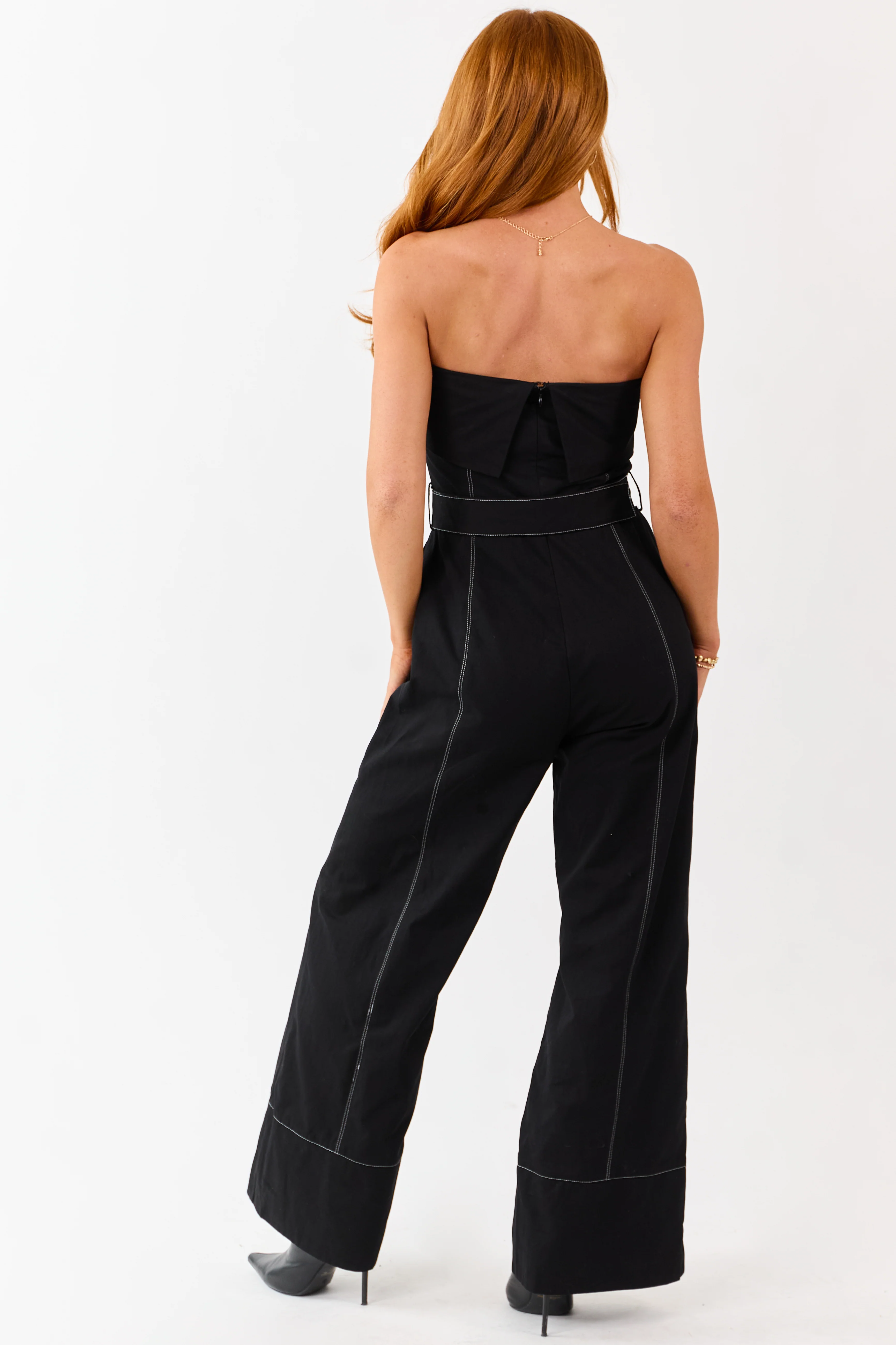 Black Cotton Strapless Contrast Stitching Jumpsuit - Image 6