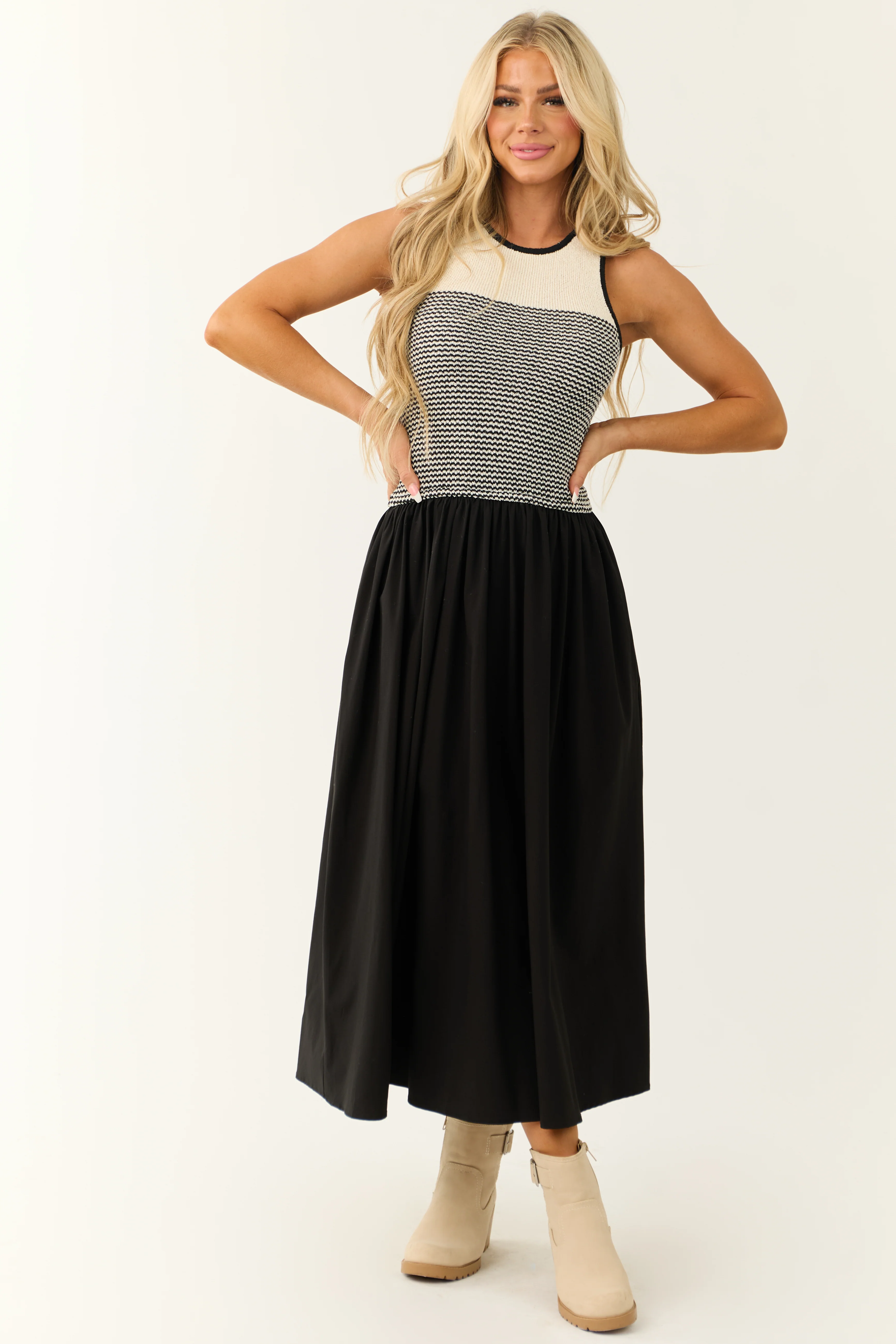Black and Cream Sleeveless Striped Midi Dress - Image 2
