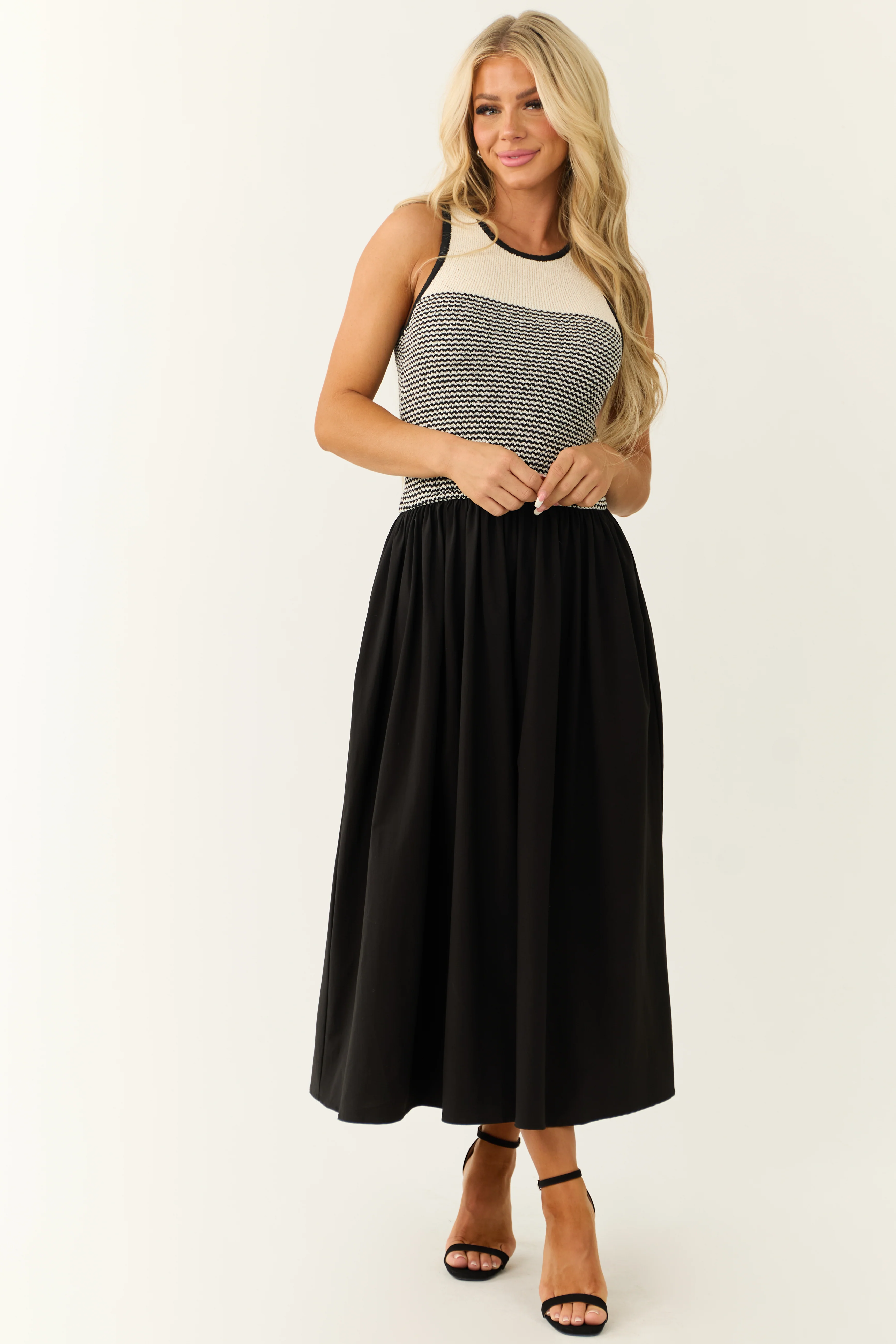 Black and Cream Sleeveless Striped Midi Dress - Image 3