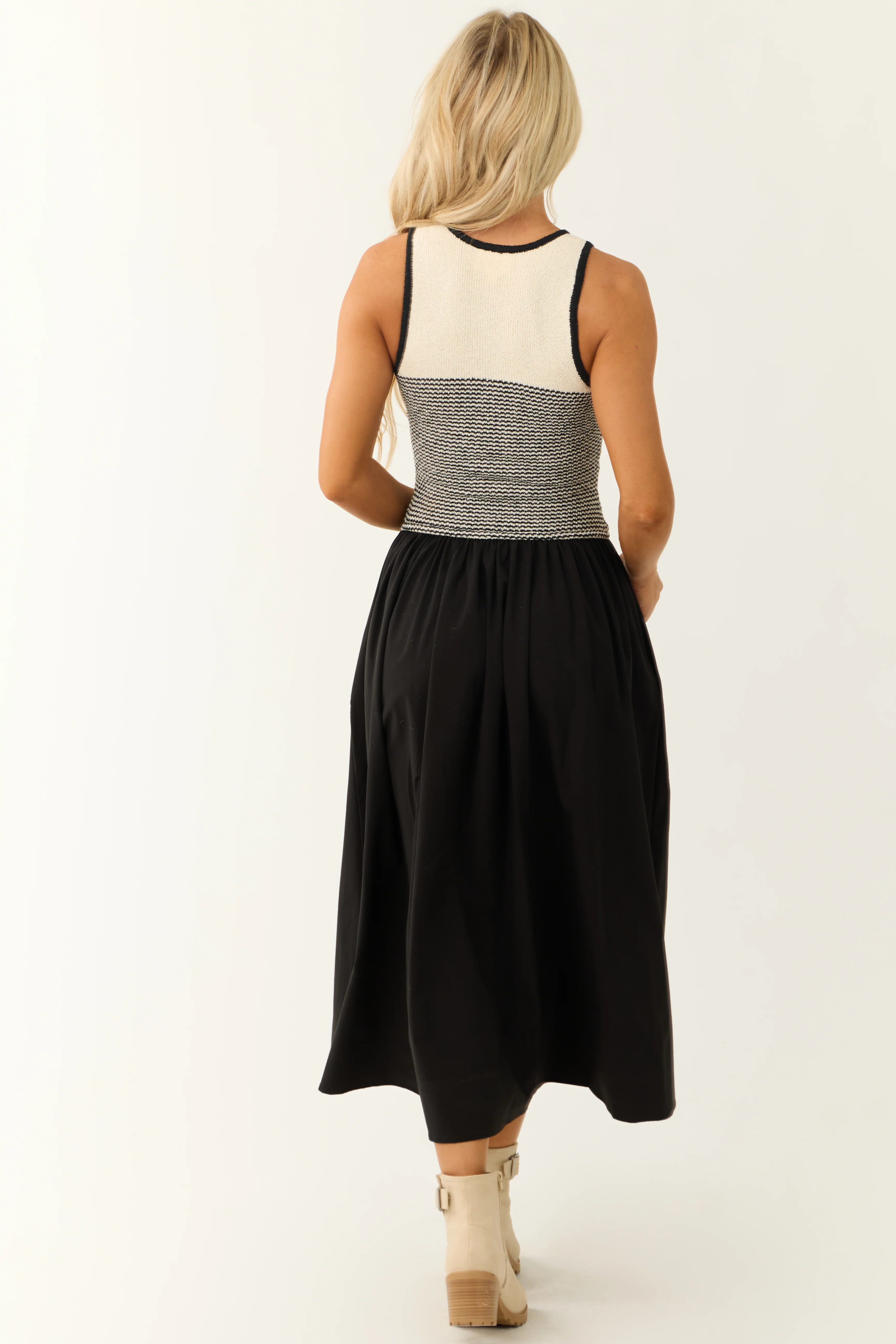 Black and Cream Sleeveless Striped Midi Dress - Image 6