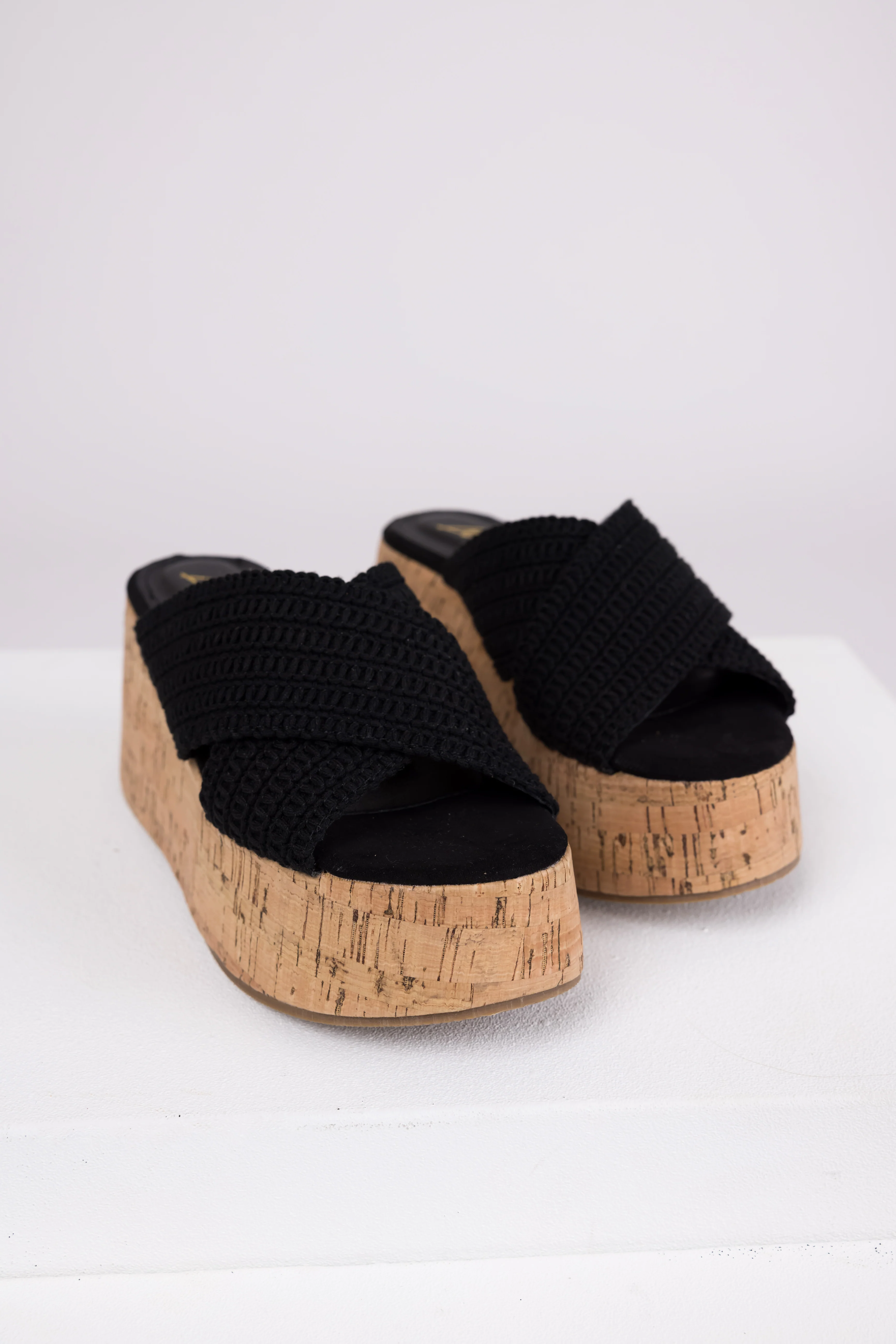 Black Crochet Cross Strap Cork Platform Wedges - Image 2