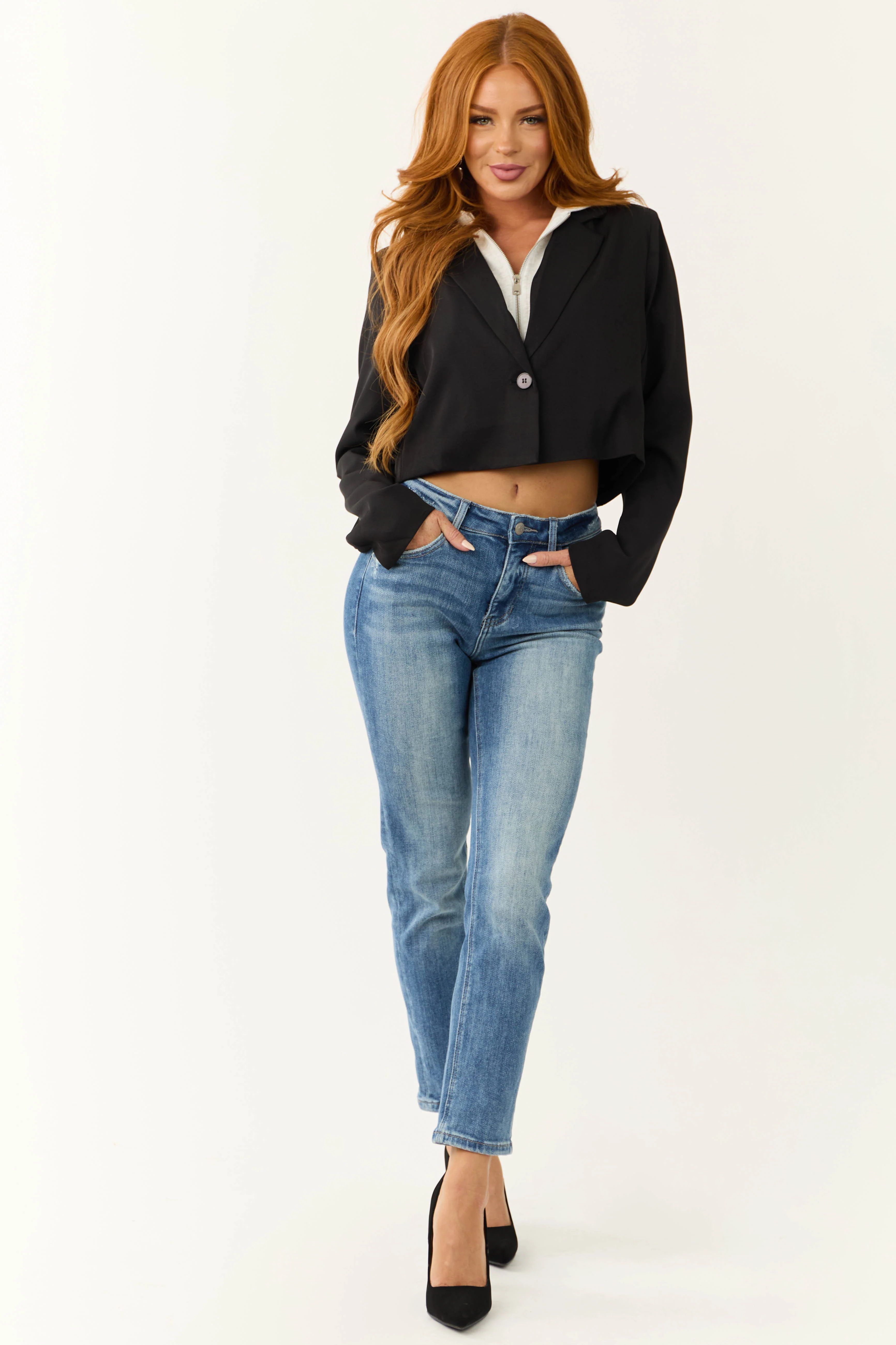 Black Crop Blazer with Zip Up Contrast Hoodie - Image 3