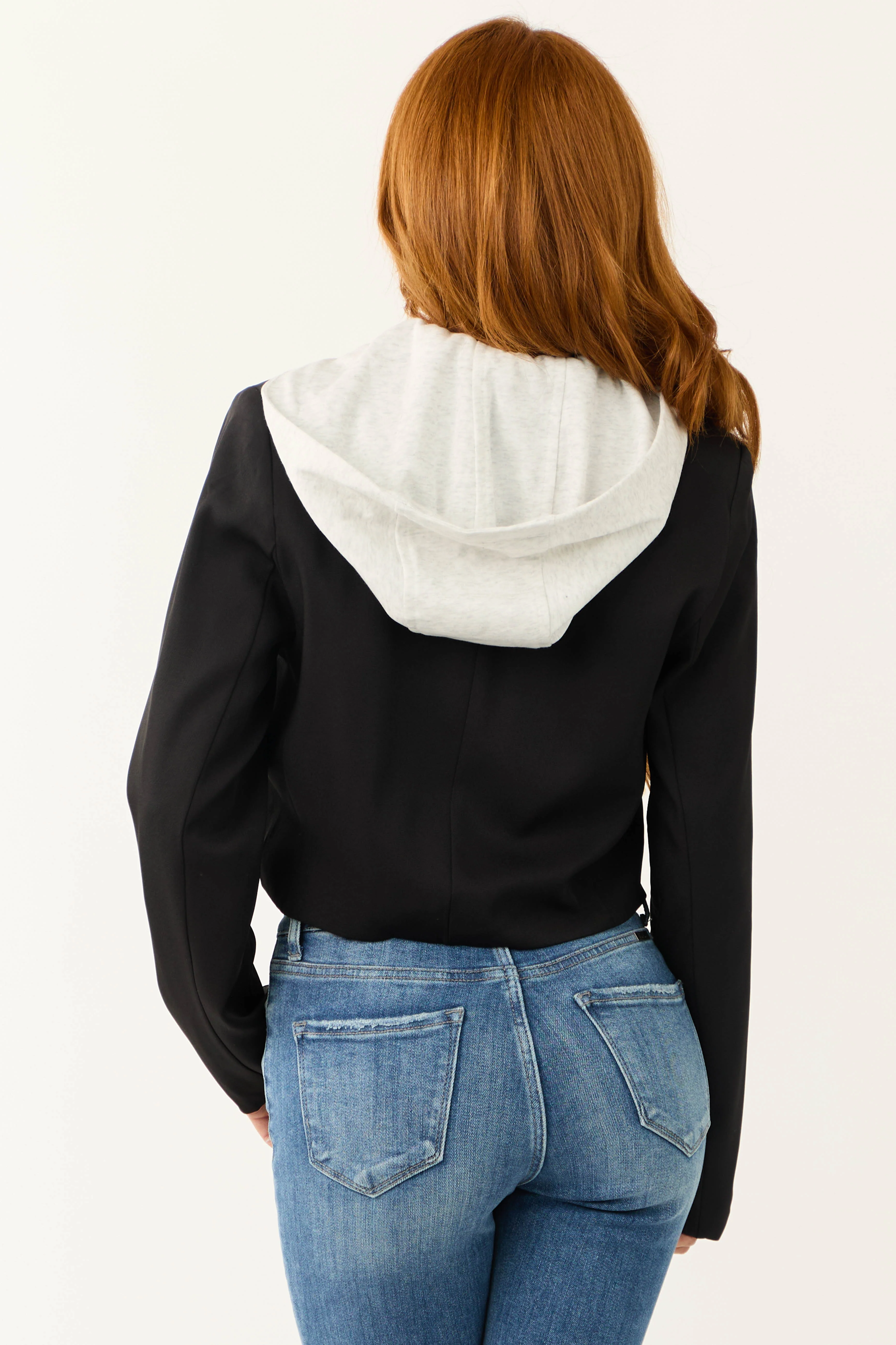 Black Crop Blazer with Zip Up Contrast Hoodie - Image 5
