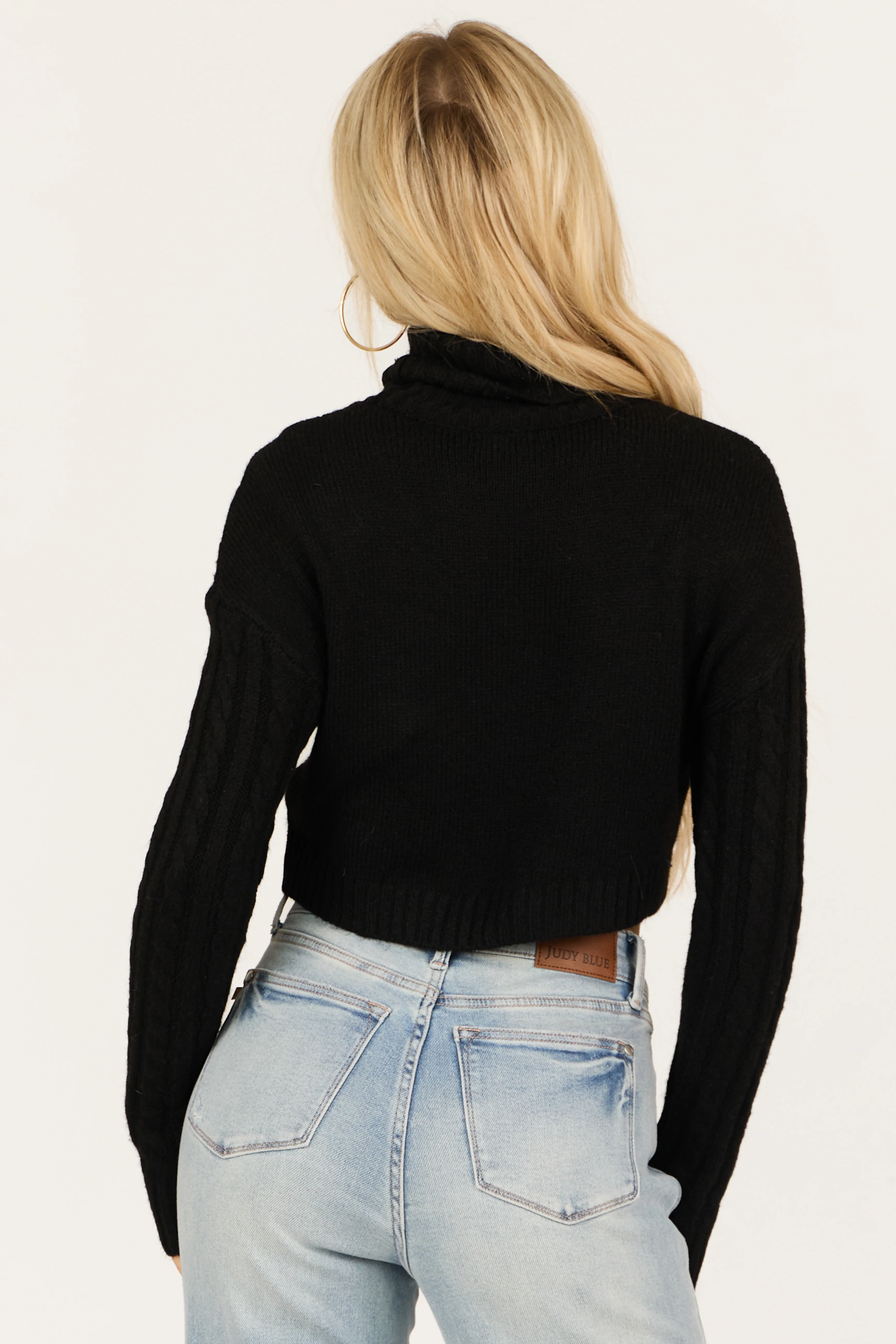 Black Cropped Cable Knit Turtleneck Sweater - Image 5