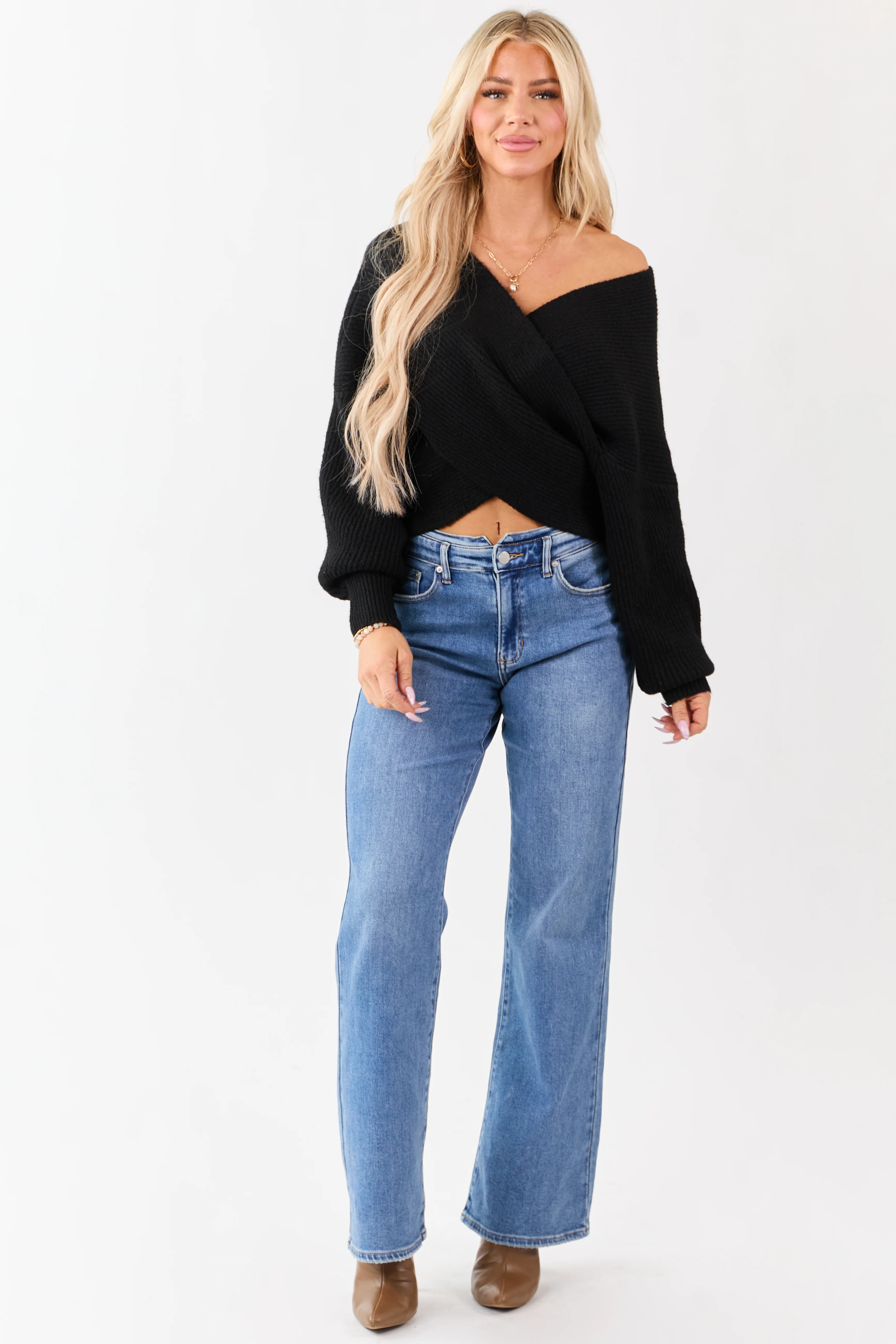 Black Crossover V Neck Puff Sleeve Sweater - Image 2