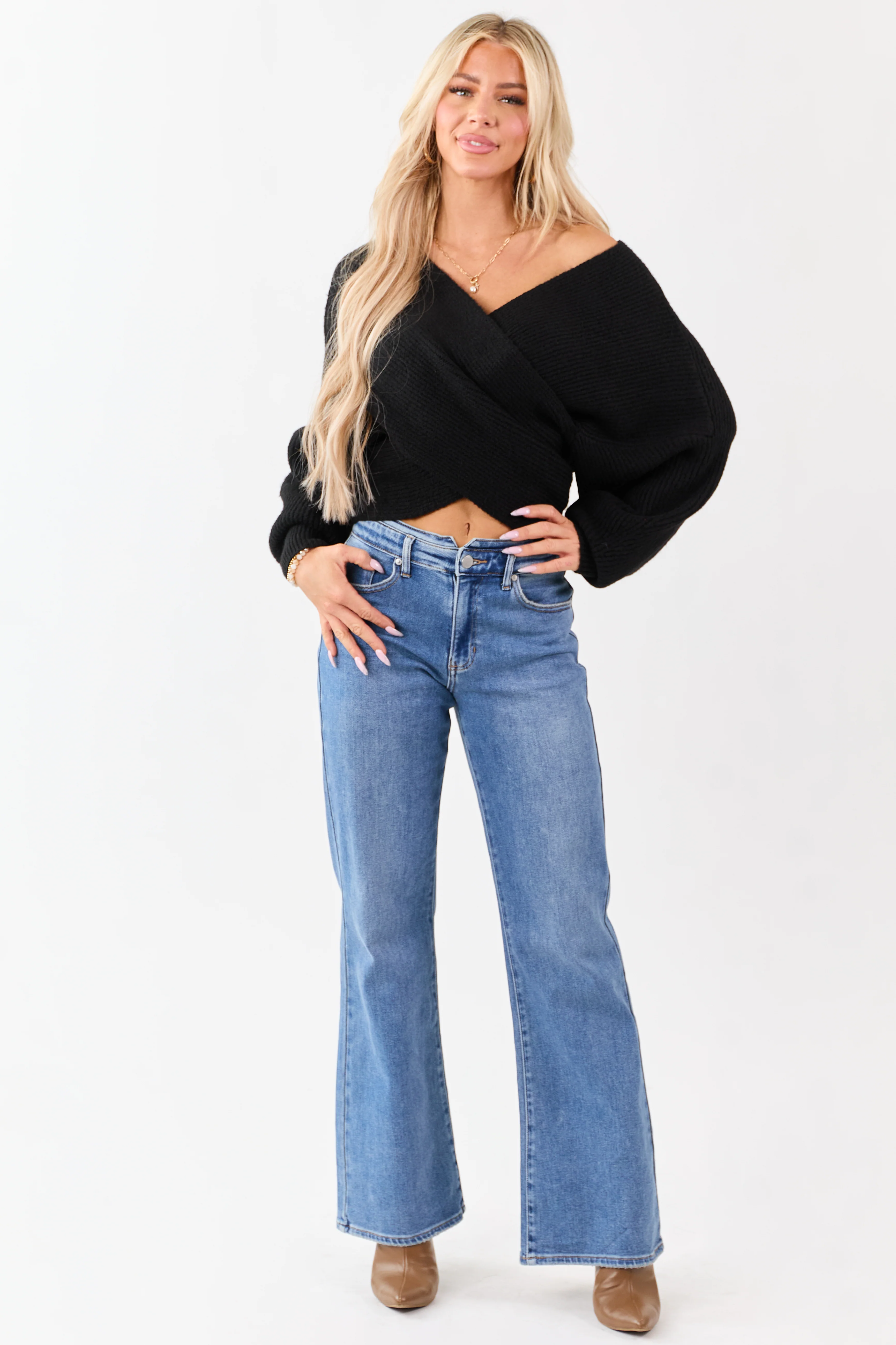 Black Crossover V Neck Puff Sleeve Sweater - Image 3
