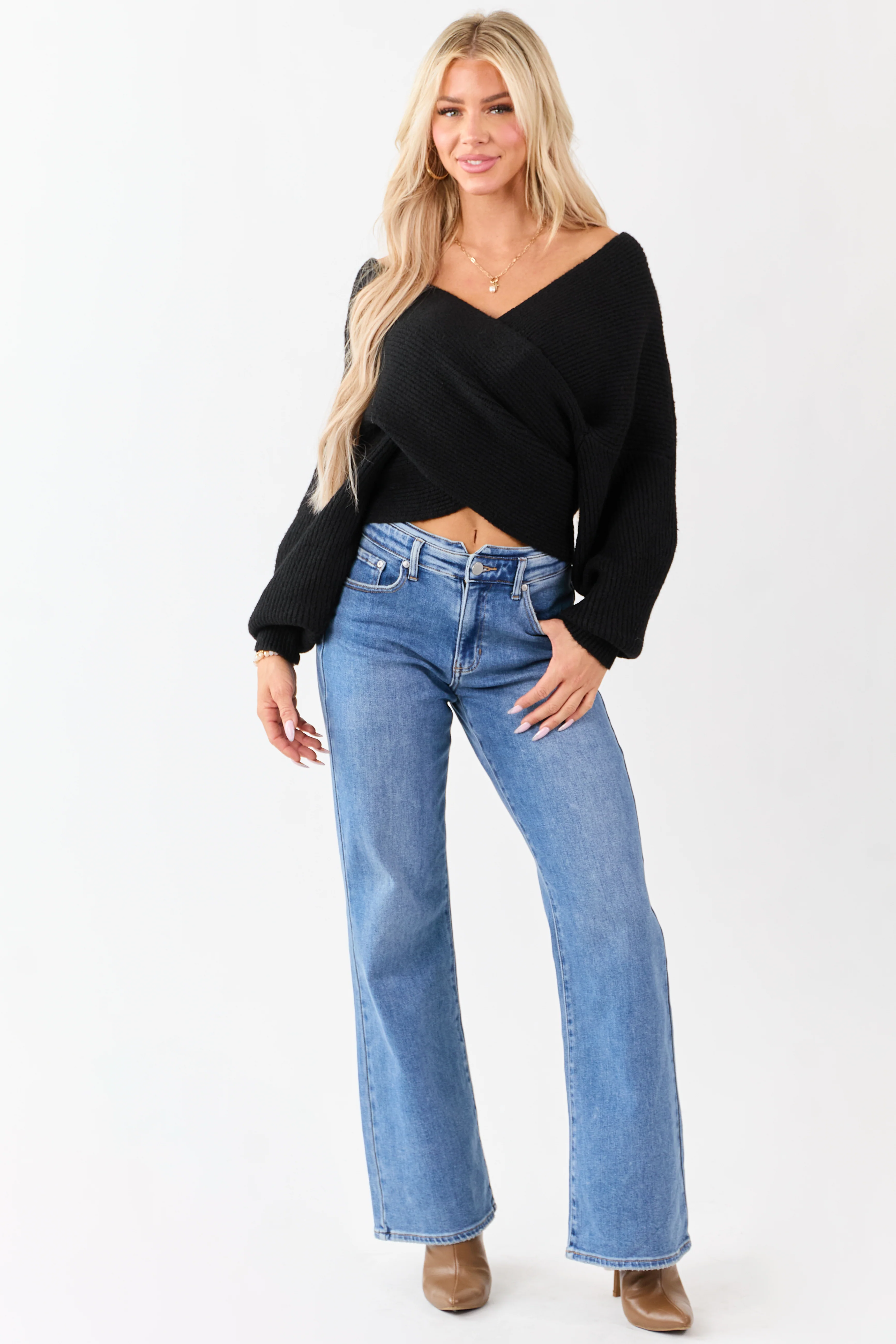 Black Crossover V Neck Puff Sleeve Sweater - Image 4