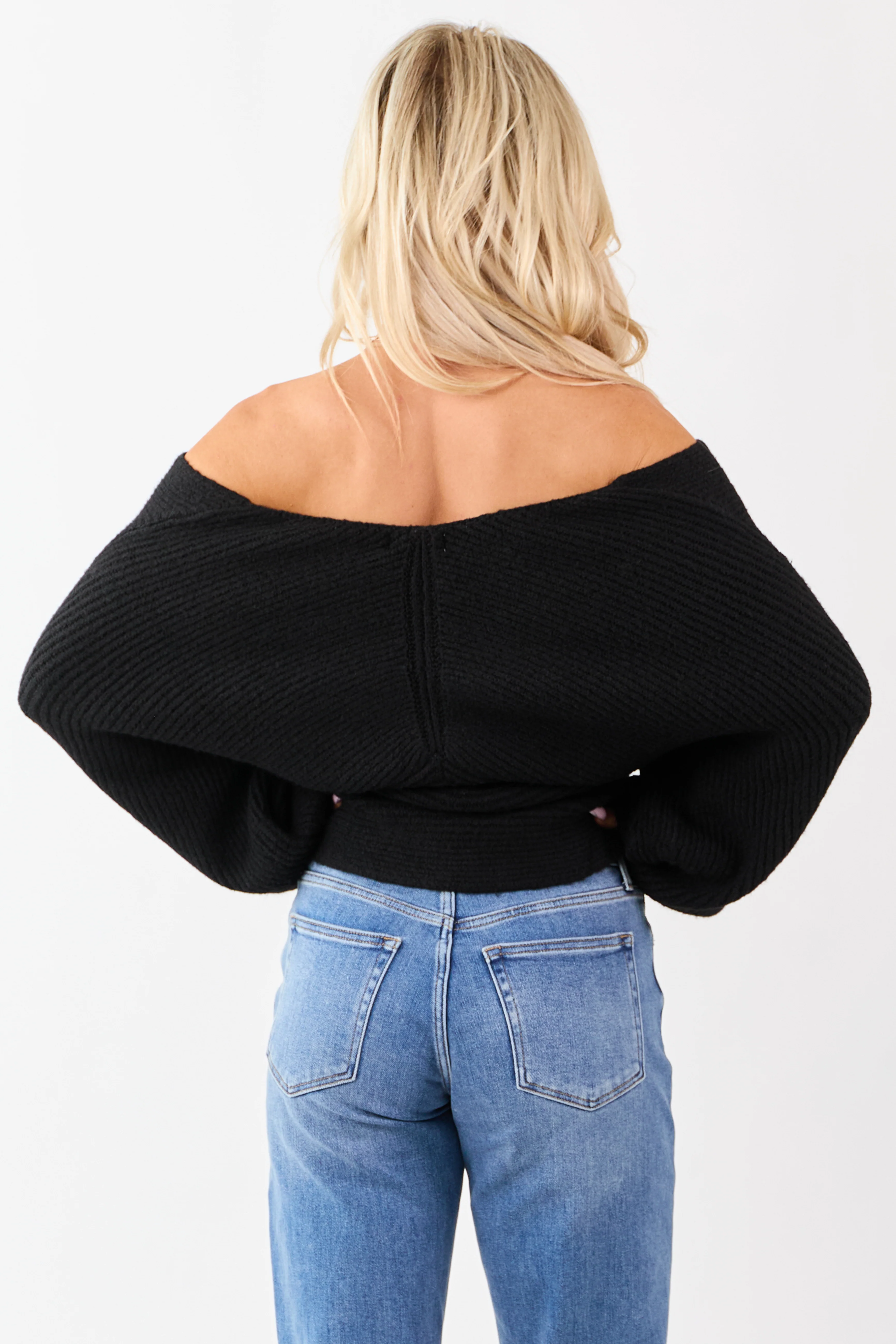 Black Crossover V Neck Puff Sleeve Sweater - Image 6
