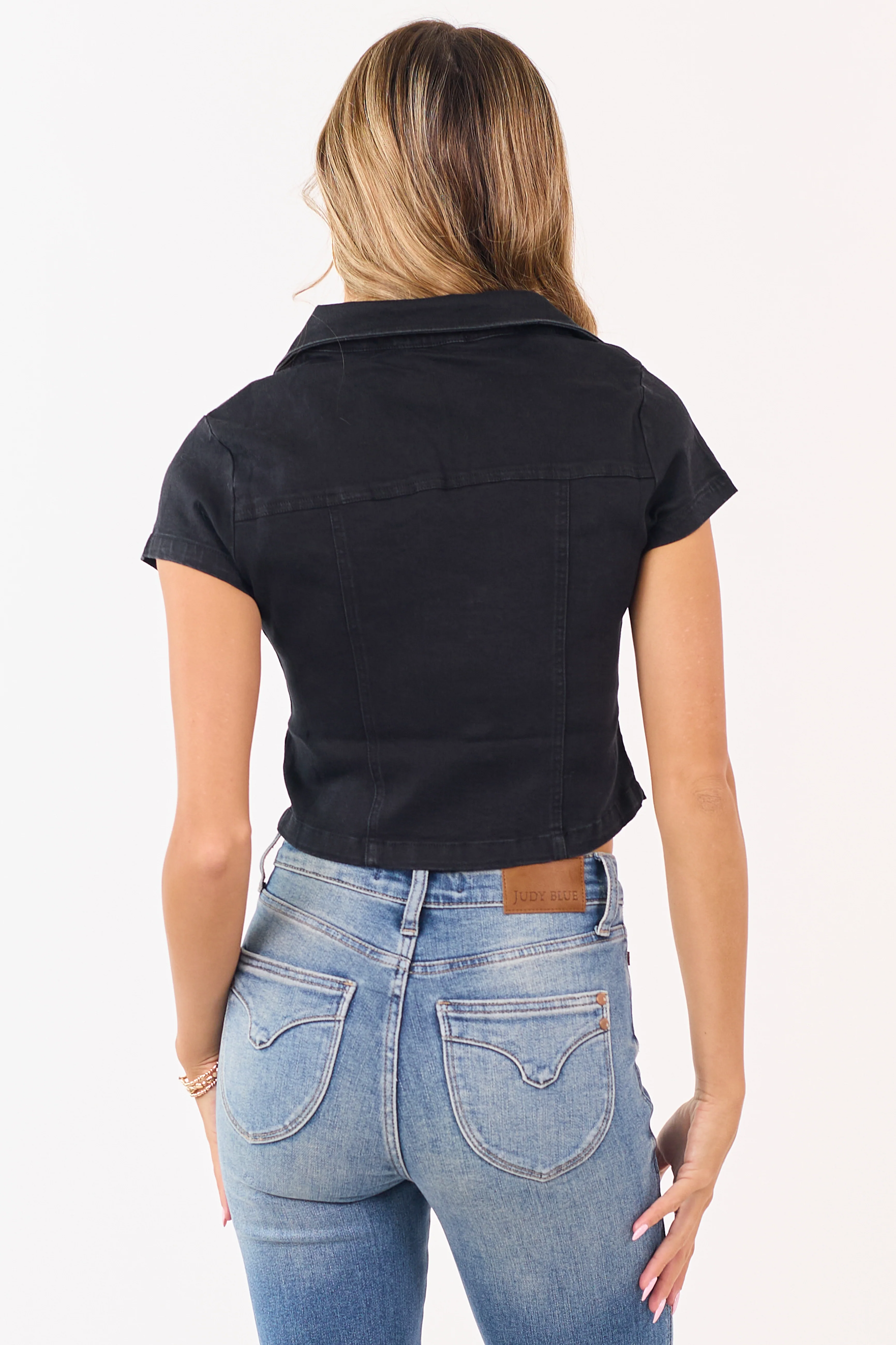 Black Denim Button Up Short Sleeve Crop Top - Image 7
