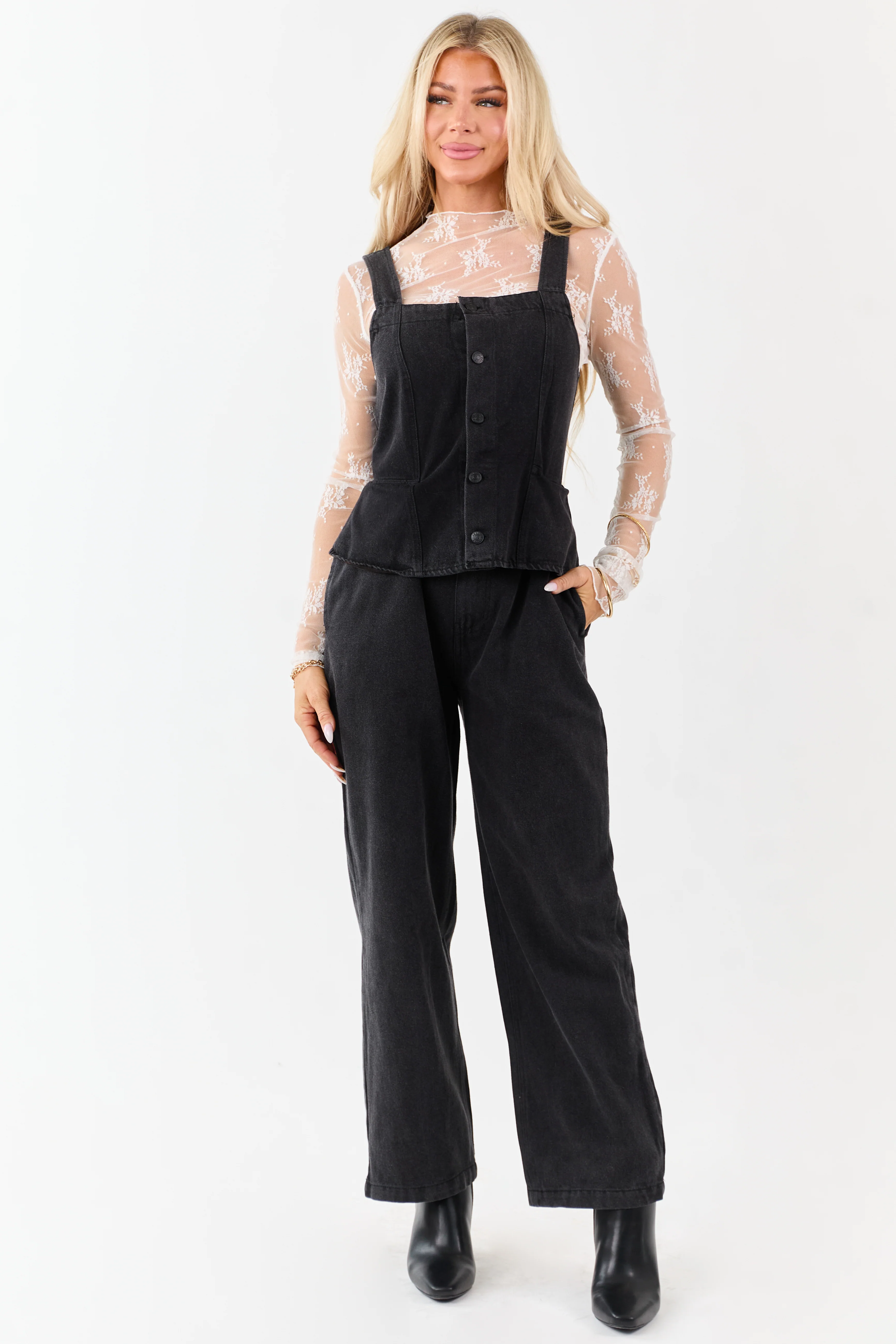 Black Denim Buttoned Vest Style Open Back Jumpsuit