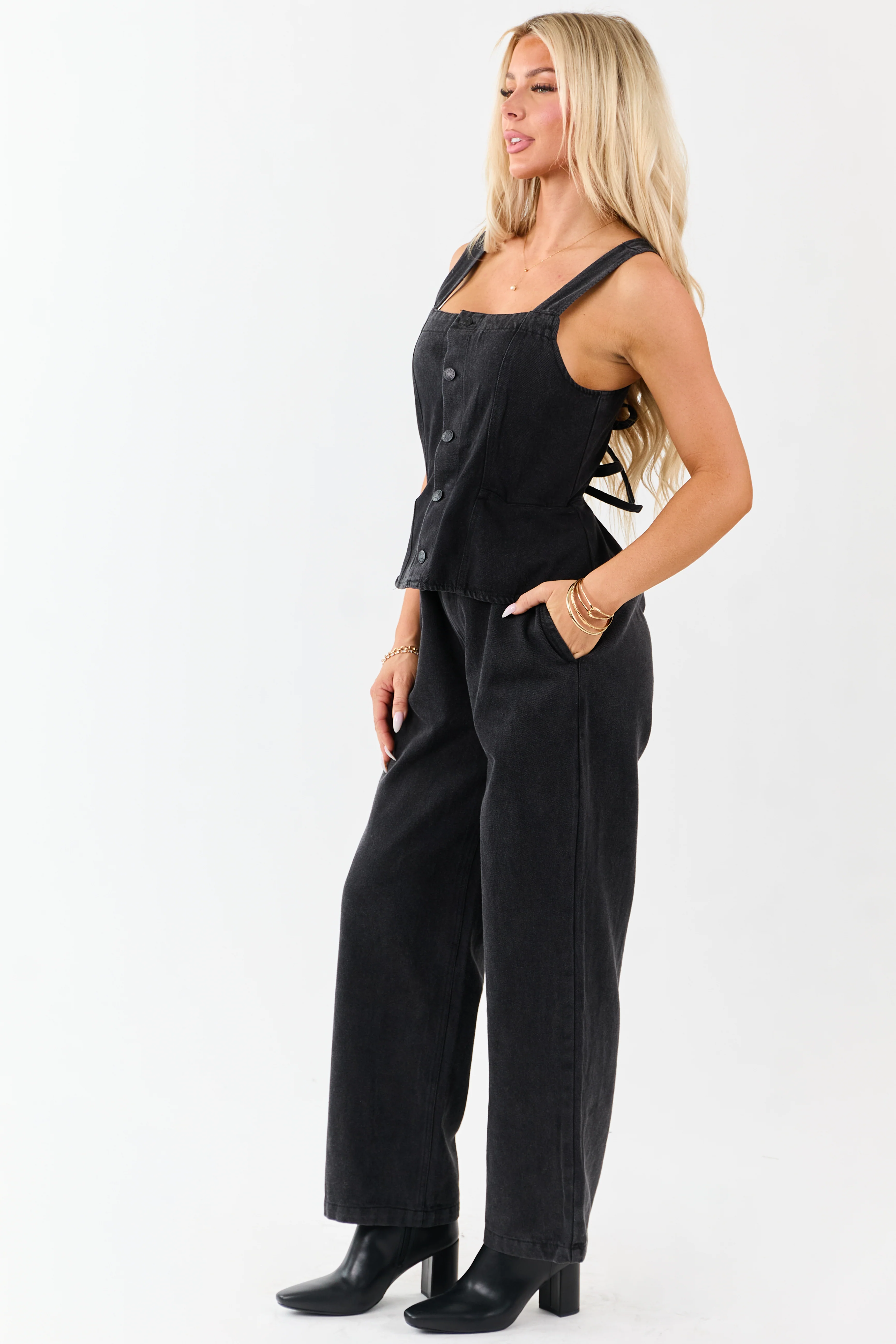 Black Denim Buttoned Vest Style Open Back Jumpsuit - Image 4