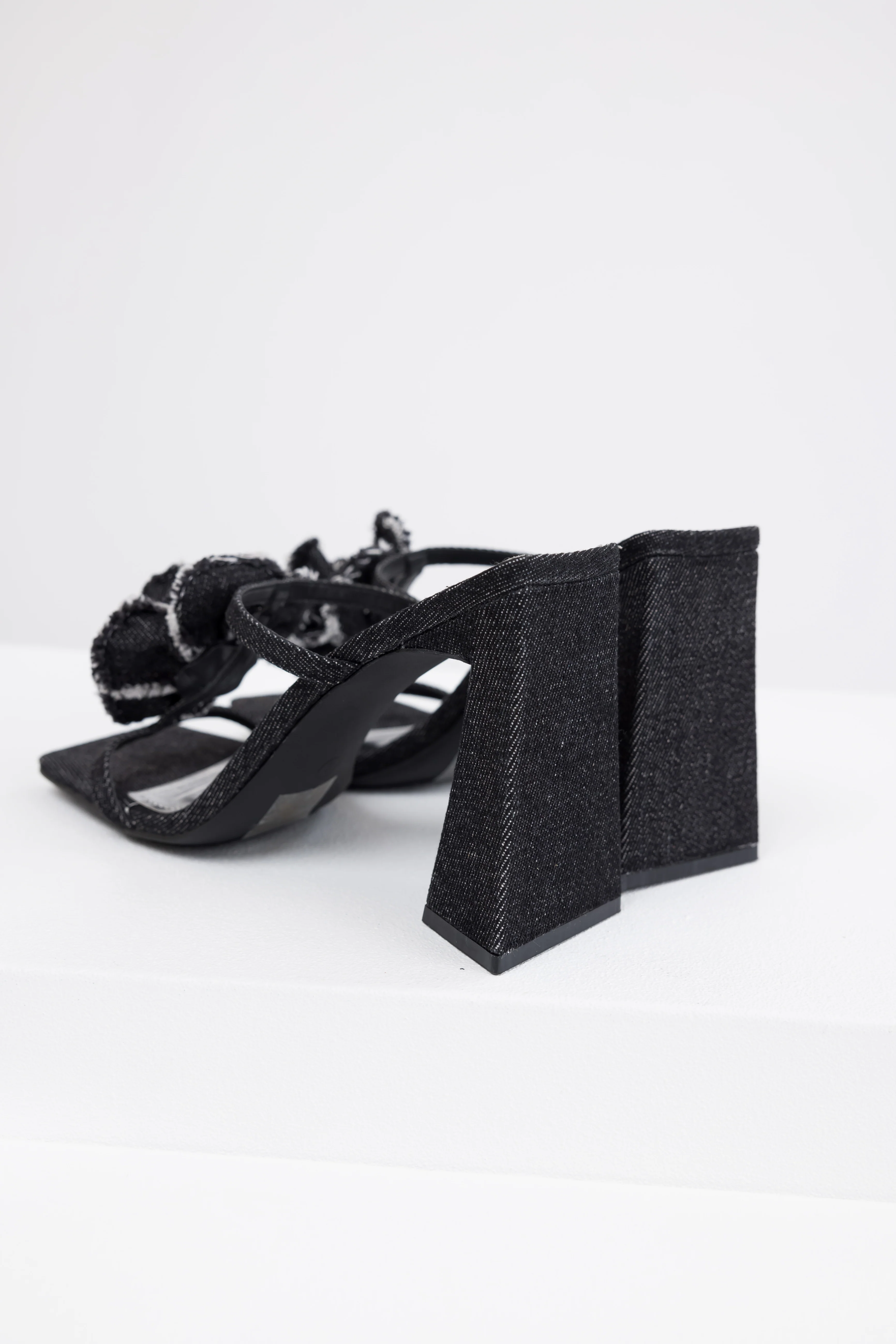 Black Denim Flower Detail Square Toe Heels - Image 4
