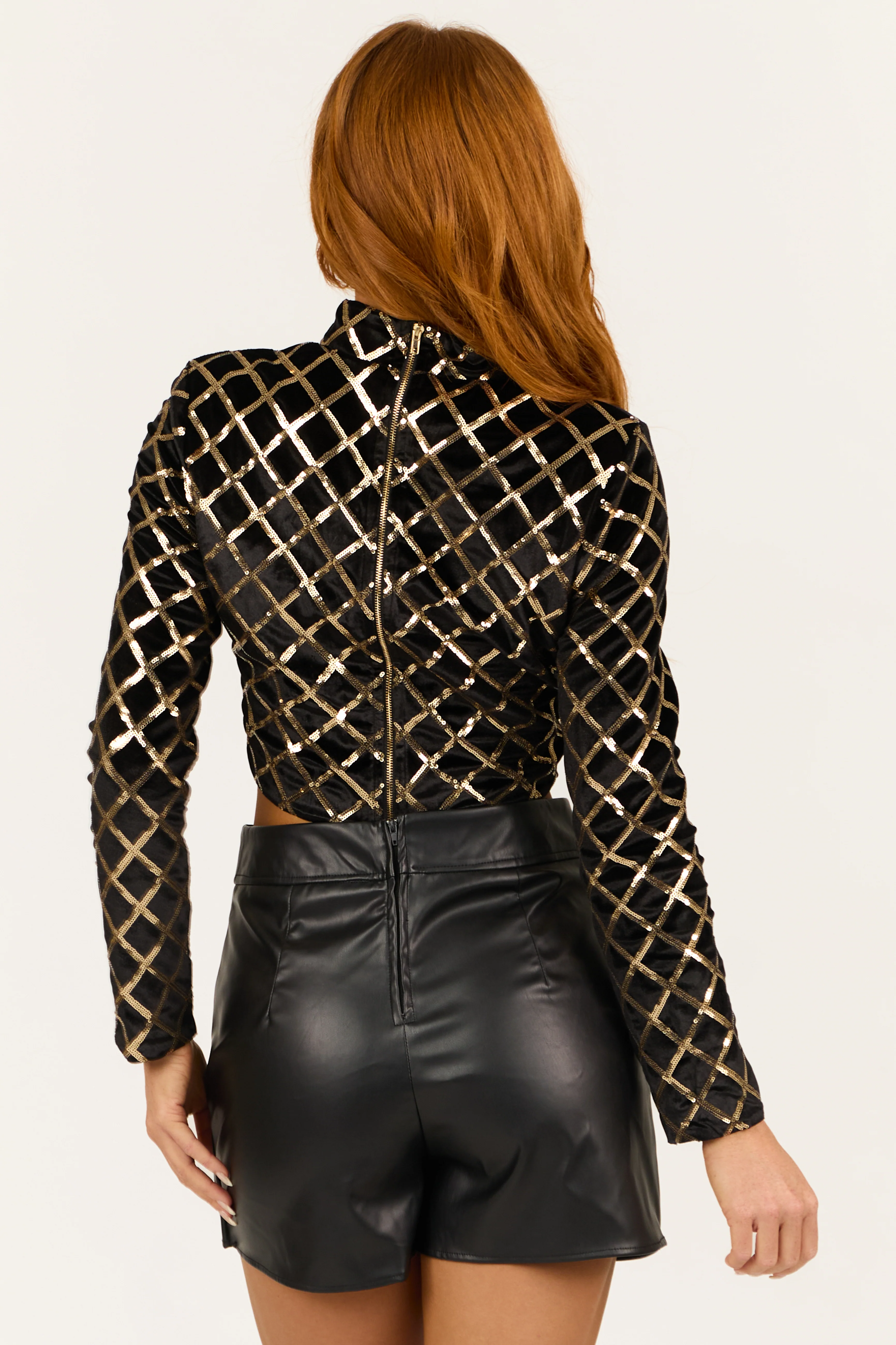 Black Diamond Sequin Mock Neck Velvet Crop Top - Image 6