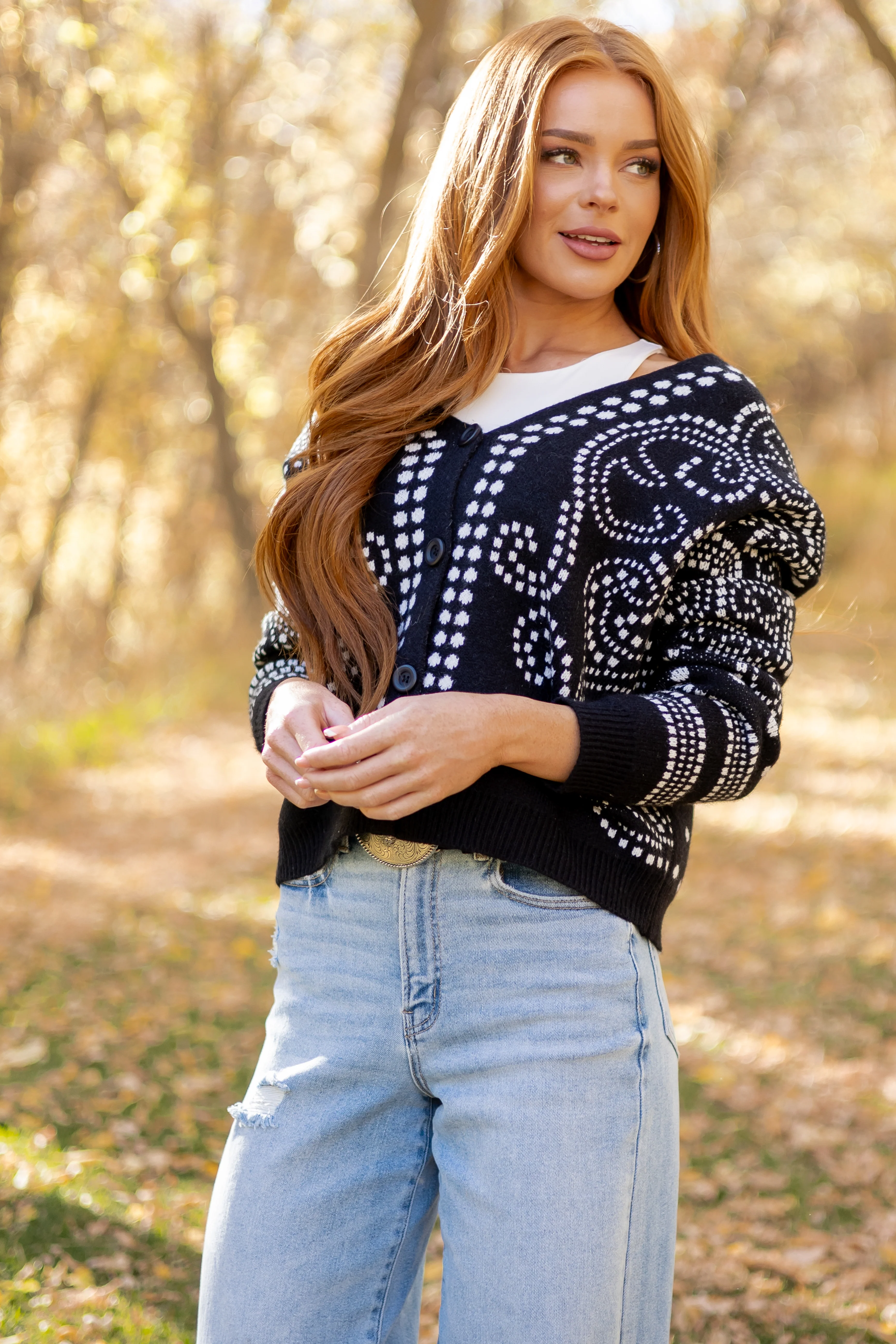 Black Dot Art Damask Button Down Sweater Cardigan - Image 3