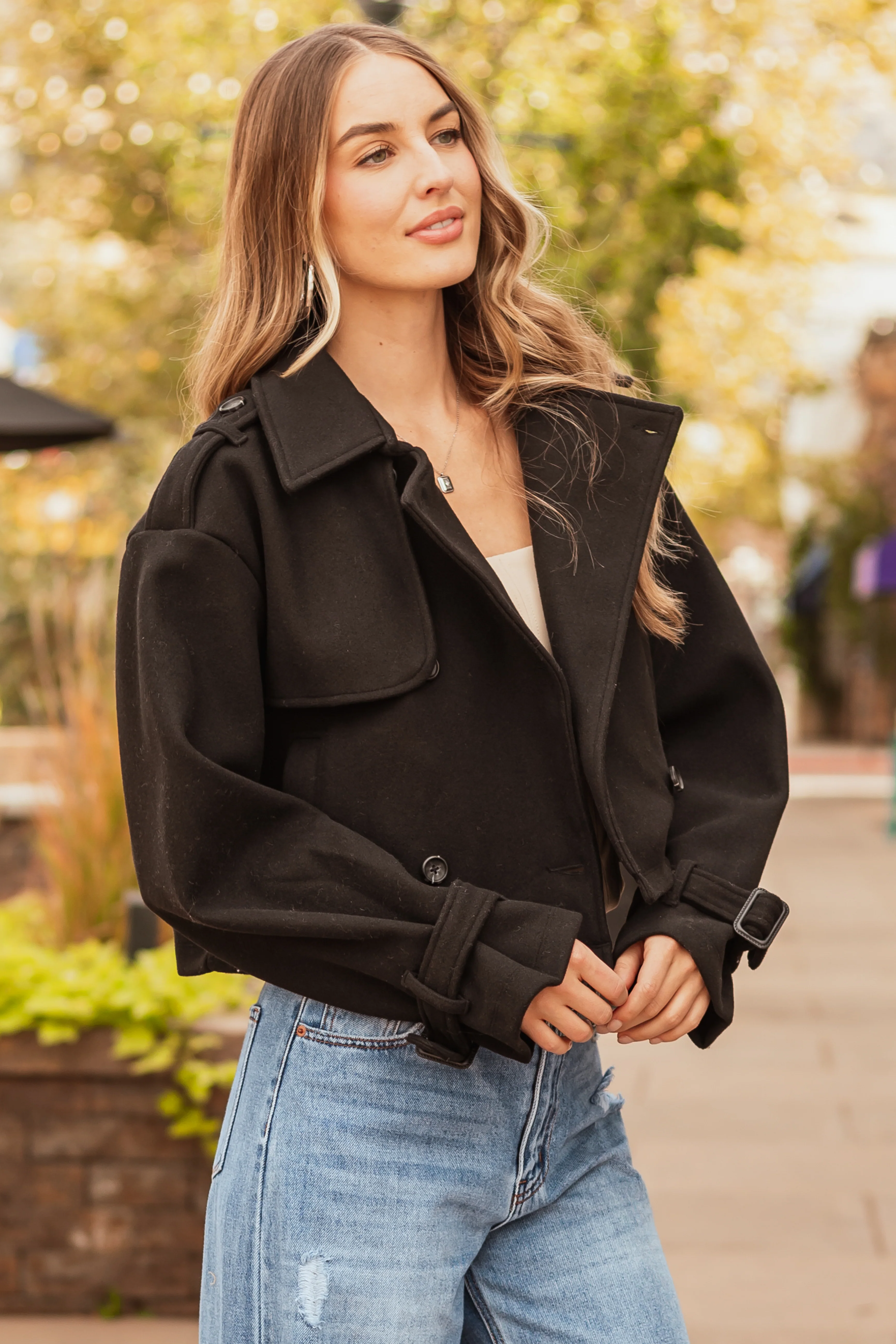 Black Double Breasted Cropped Coat with Collar - Image 3