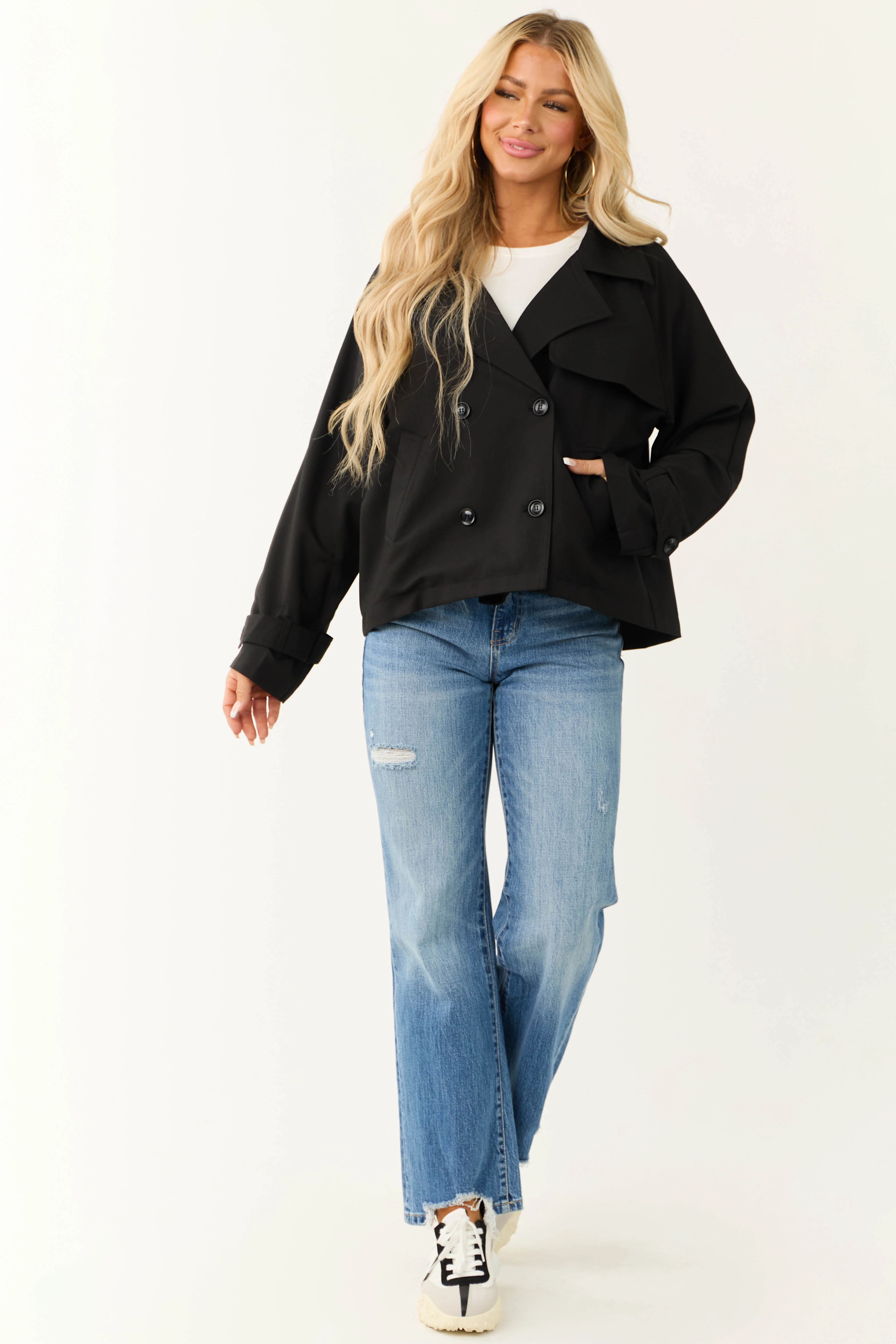 Black Double Button Long Sleeve Collared Jacket - Image 3