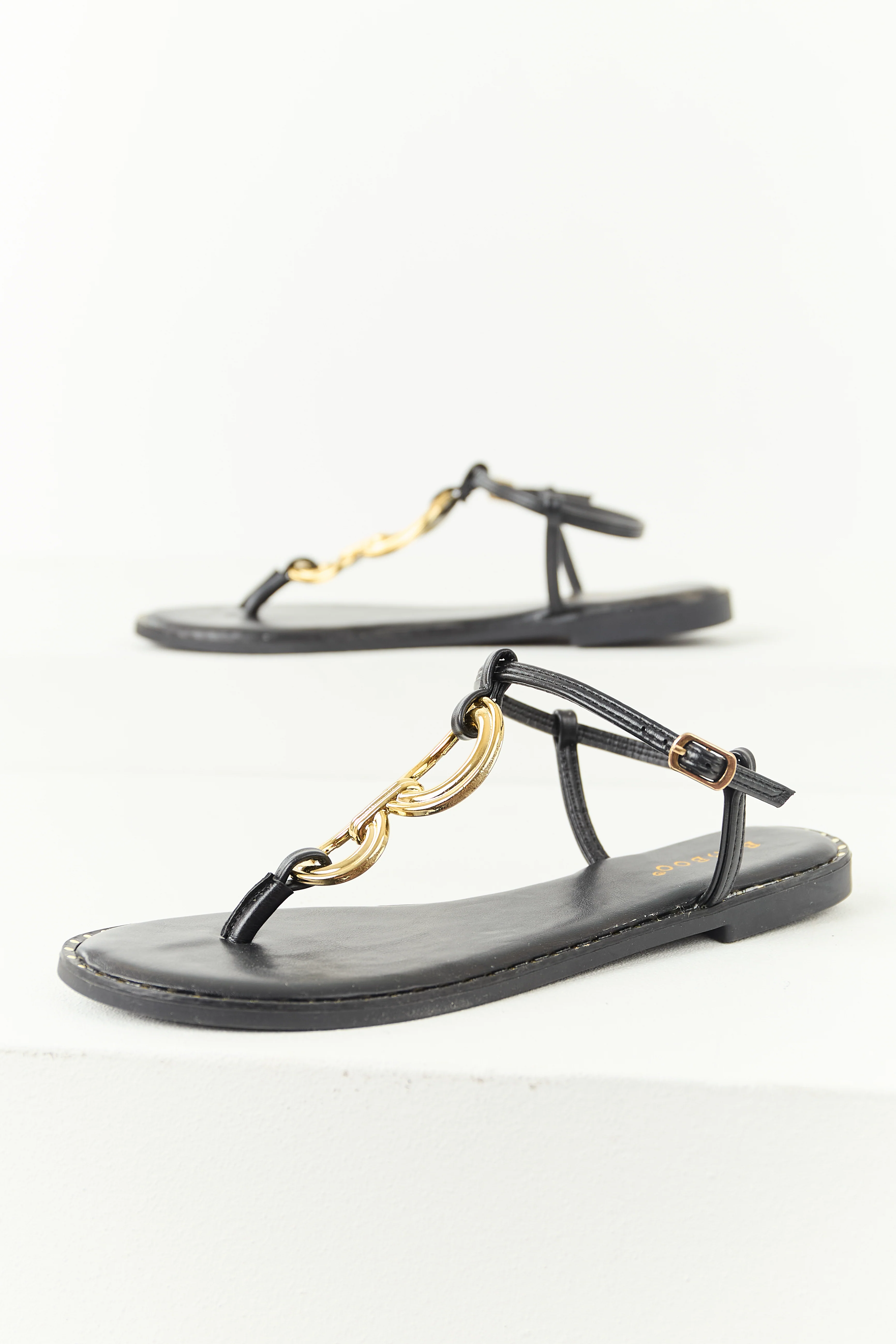 Black Double Gold Ring T-Strap Thong Sandals - Image 2