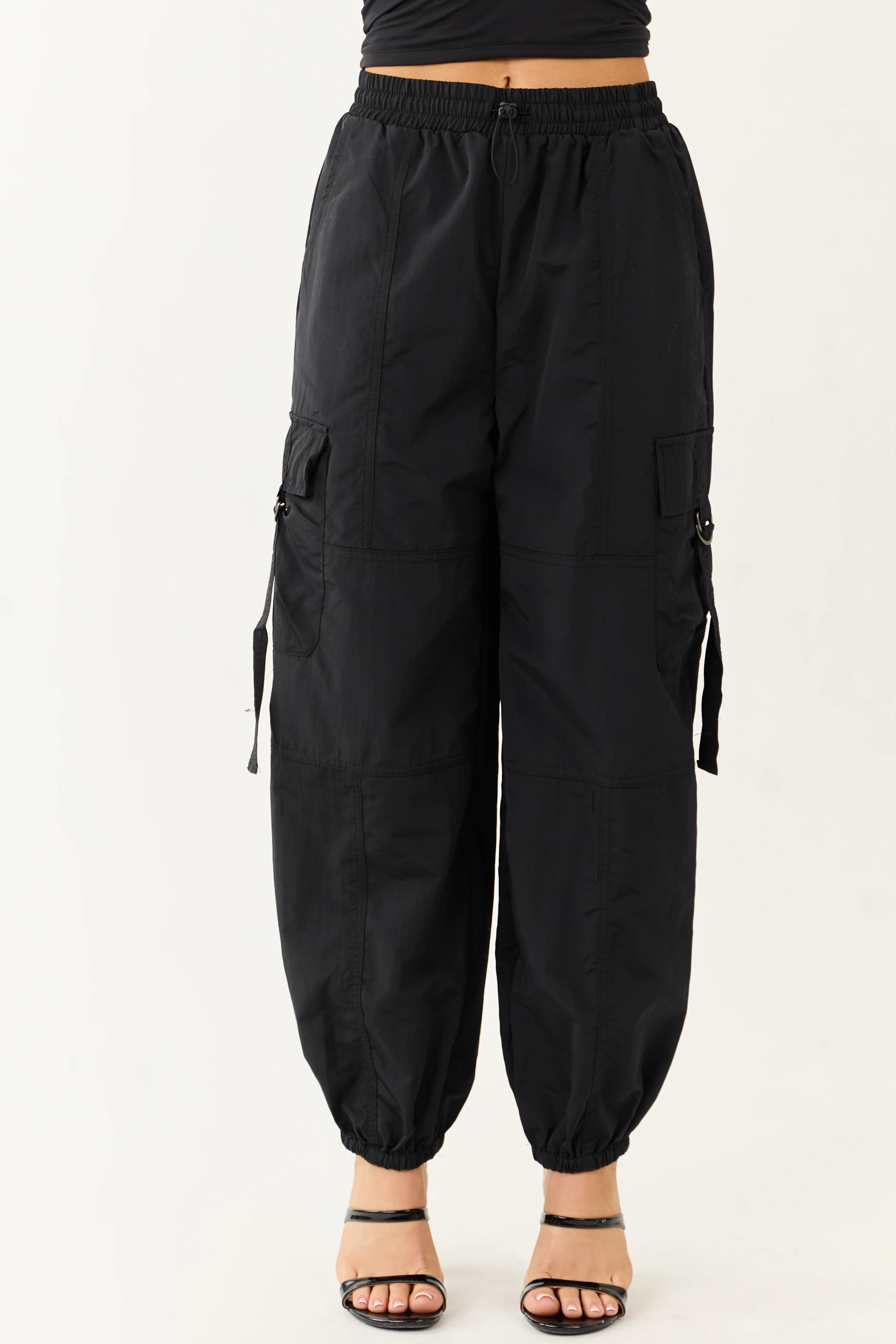 Black Drawstring Waistband Cargo Jogger Pants - Image 2
