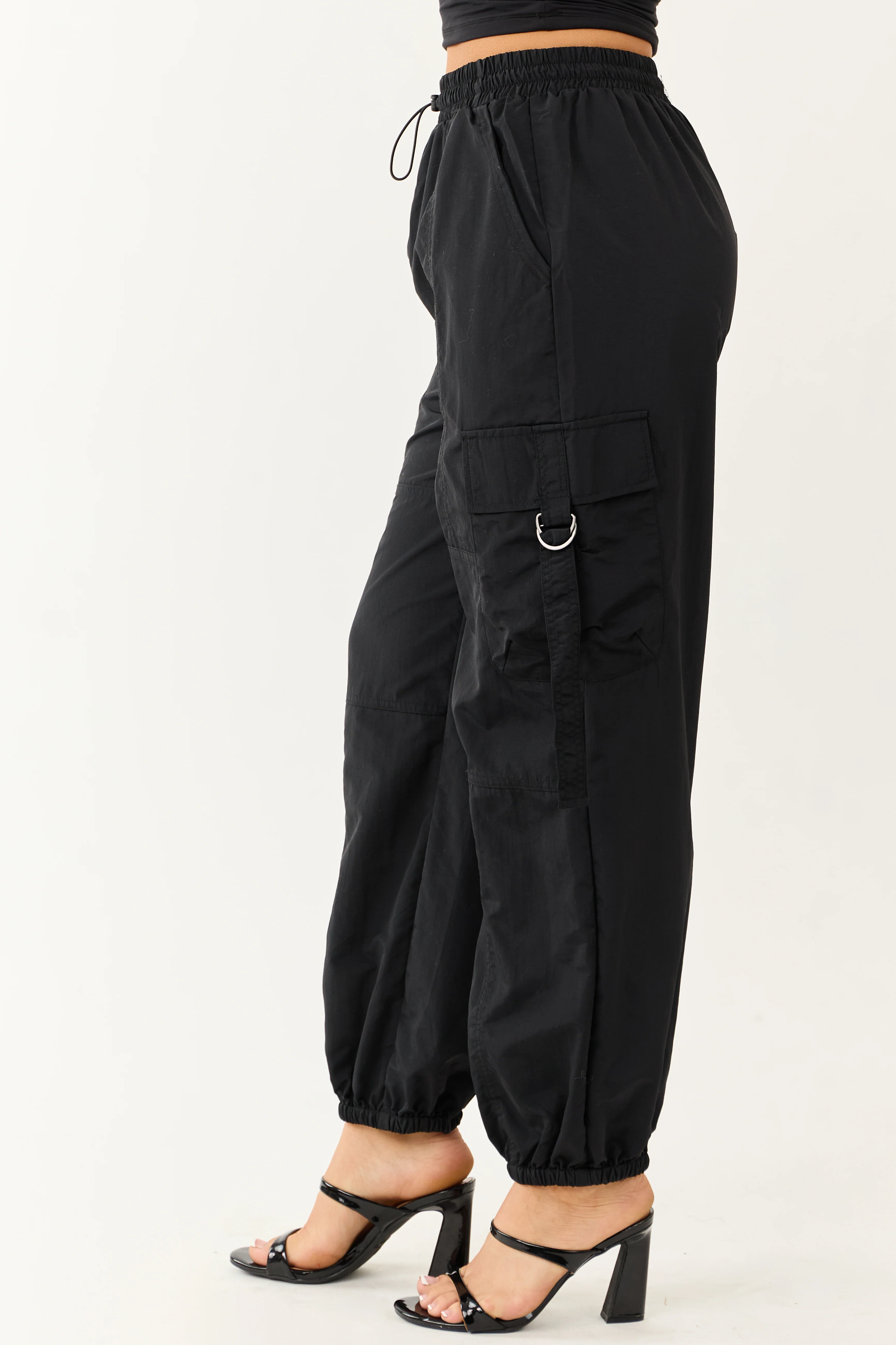 Black Drawstring Waistband Cargo Jogger Pants - Image 3