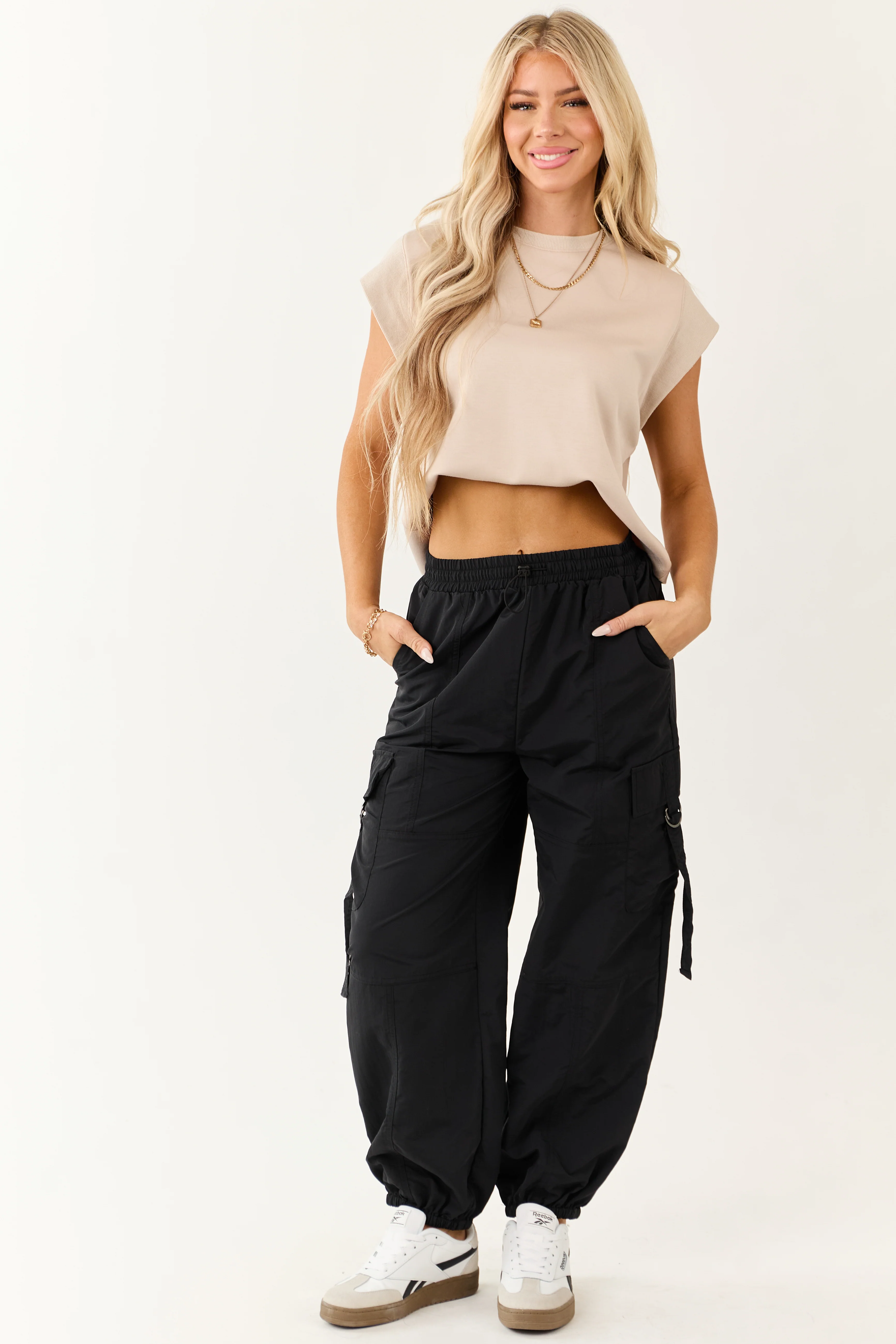 Black Drawstring Waistband Cargo Jogger Pants - Image 7
