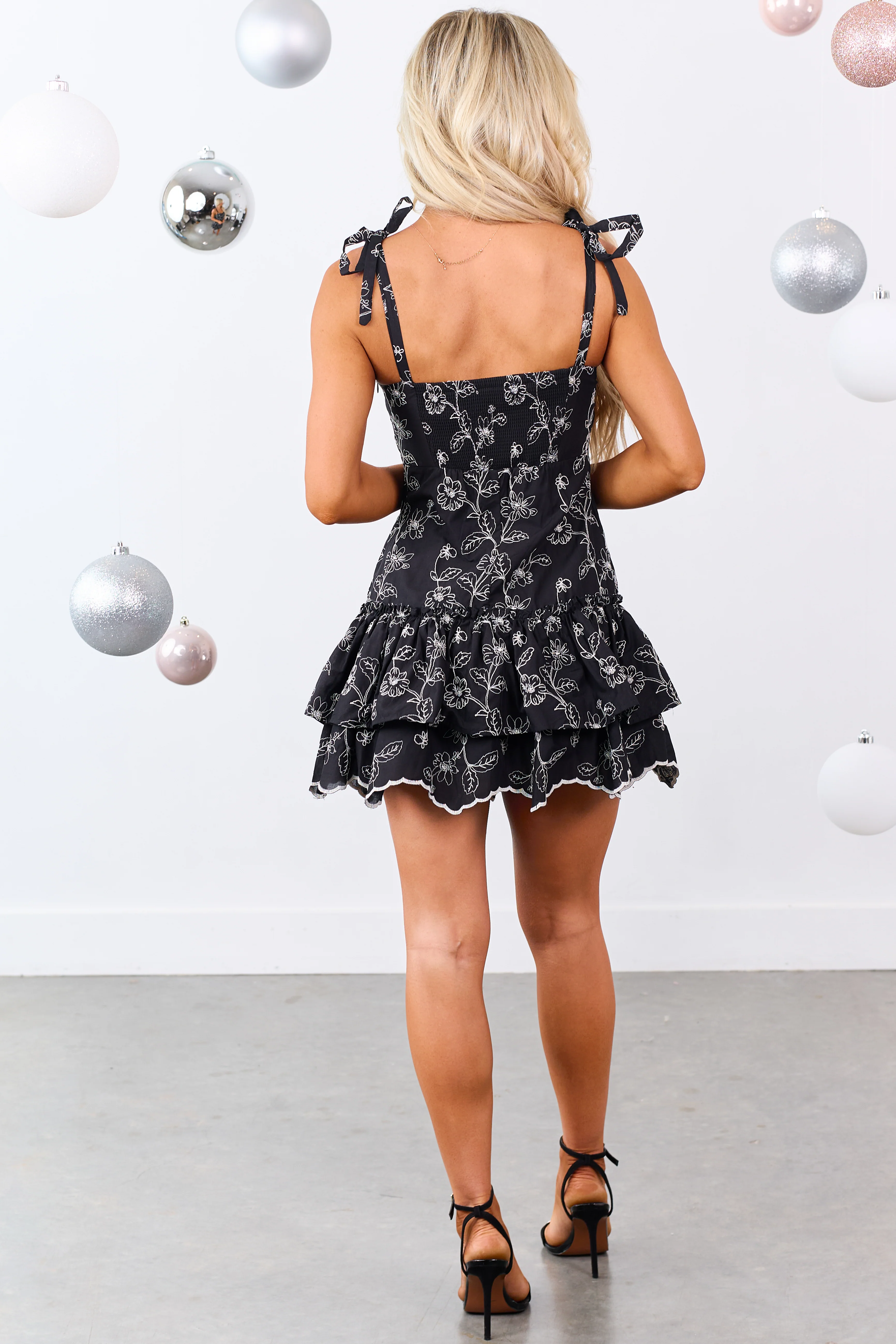 Black Embroidered Floral Tie Strap Mini Dress - Image 5