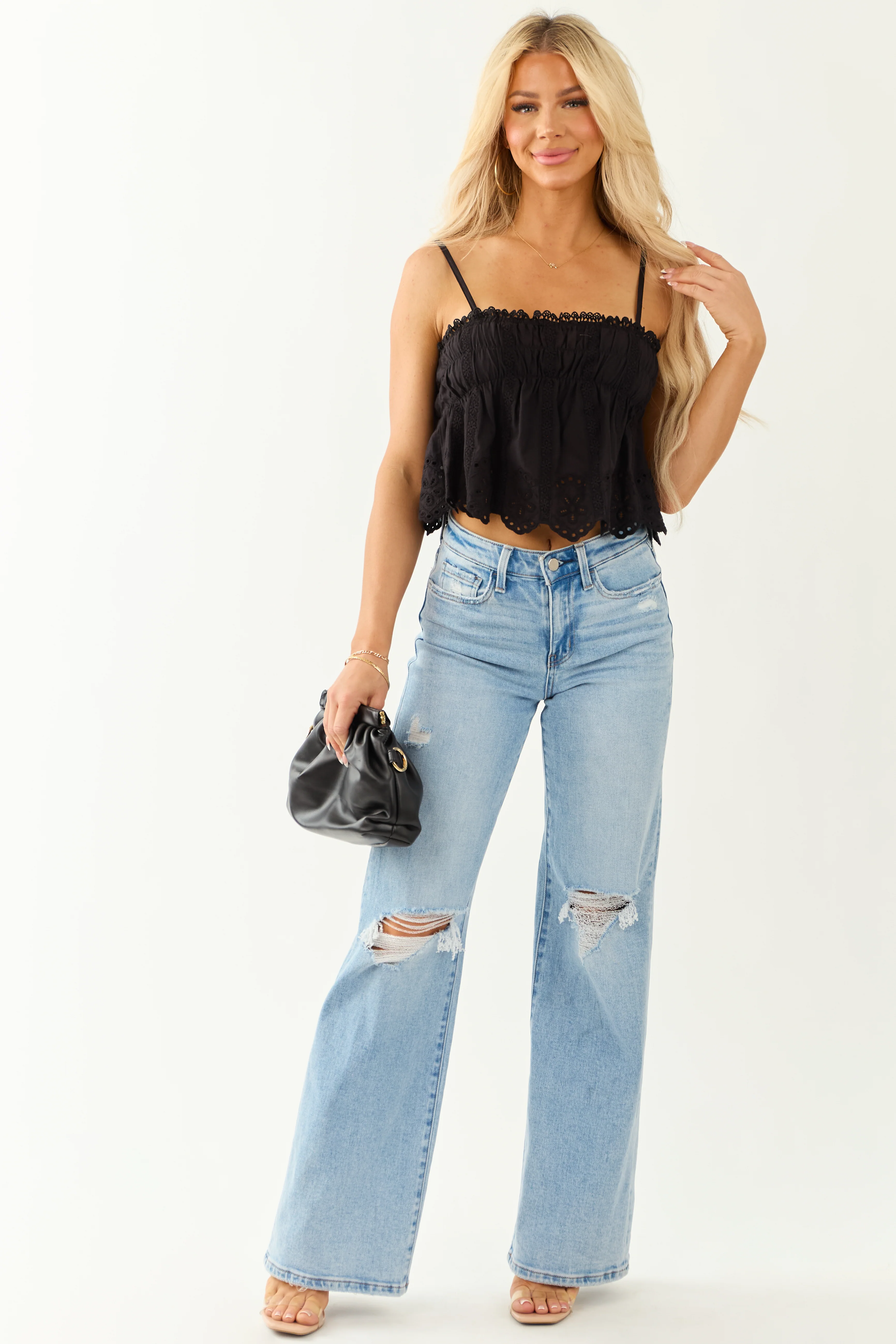 Black Eyelet Lace Trim Sleeveless Ruffle Blouse - Image 2