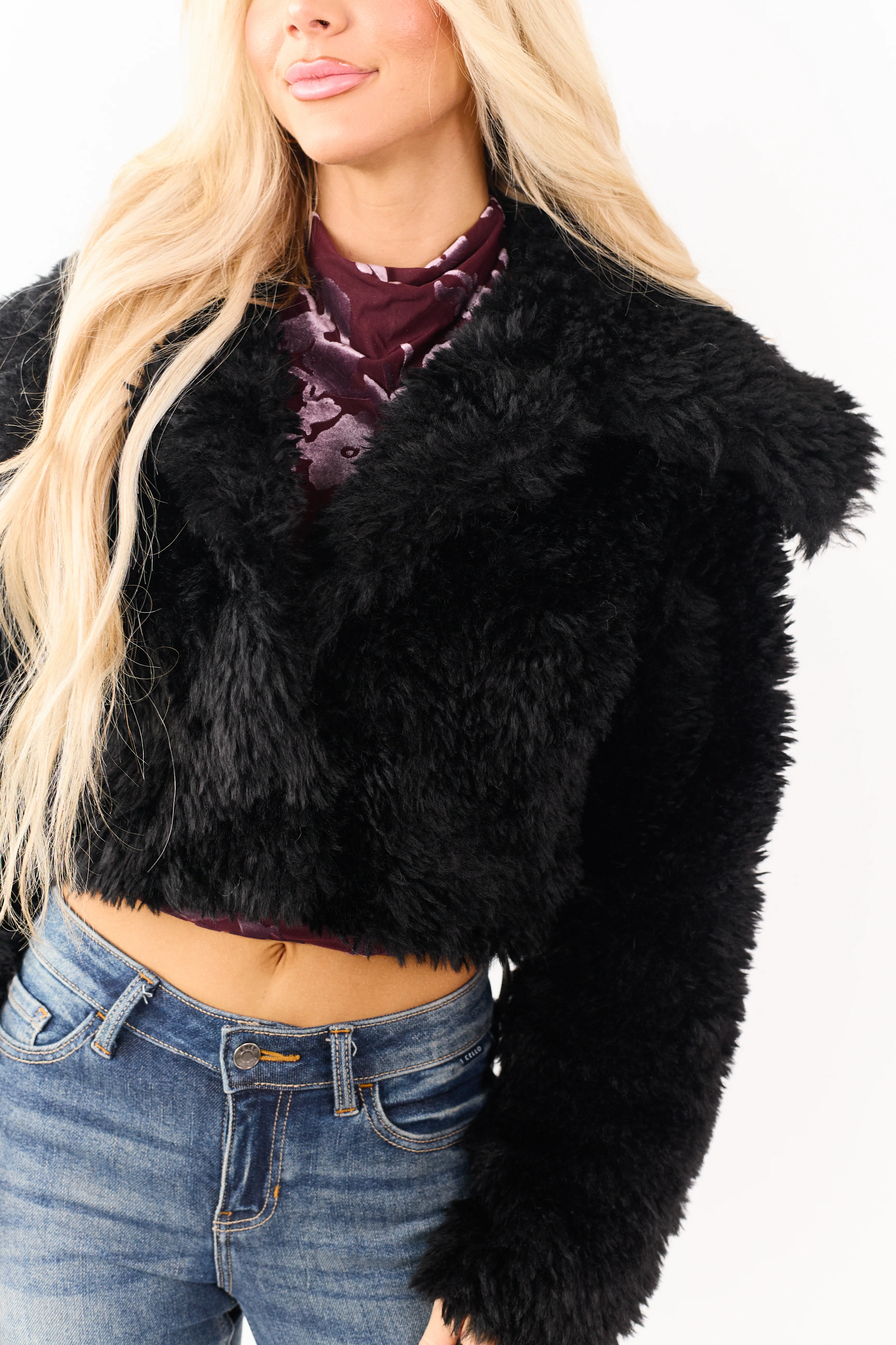 Black Faux Fur Cropped Collared Button Down Jacket - Image 8