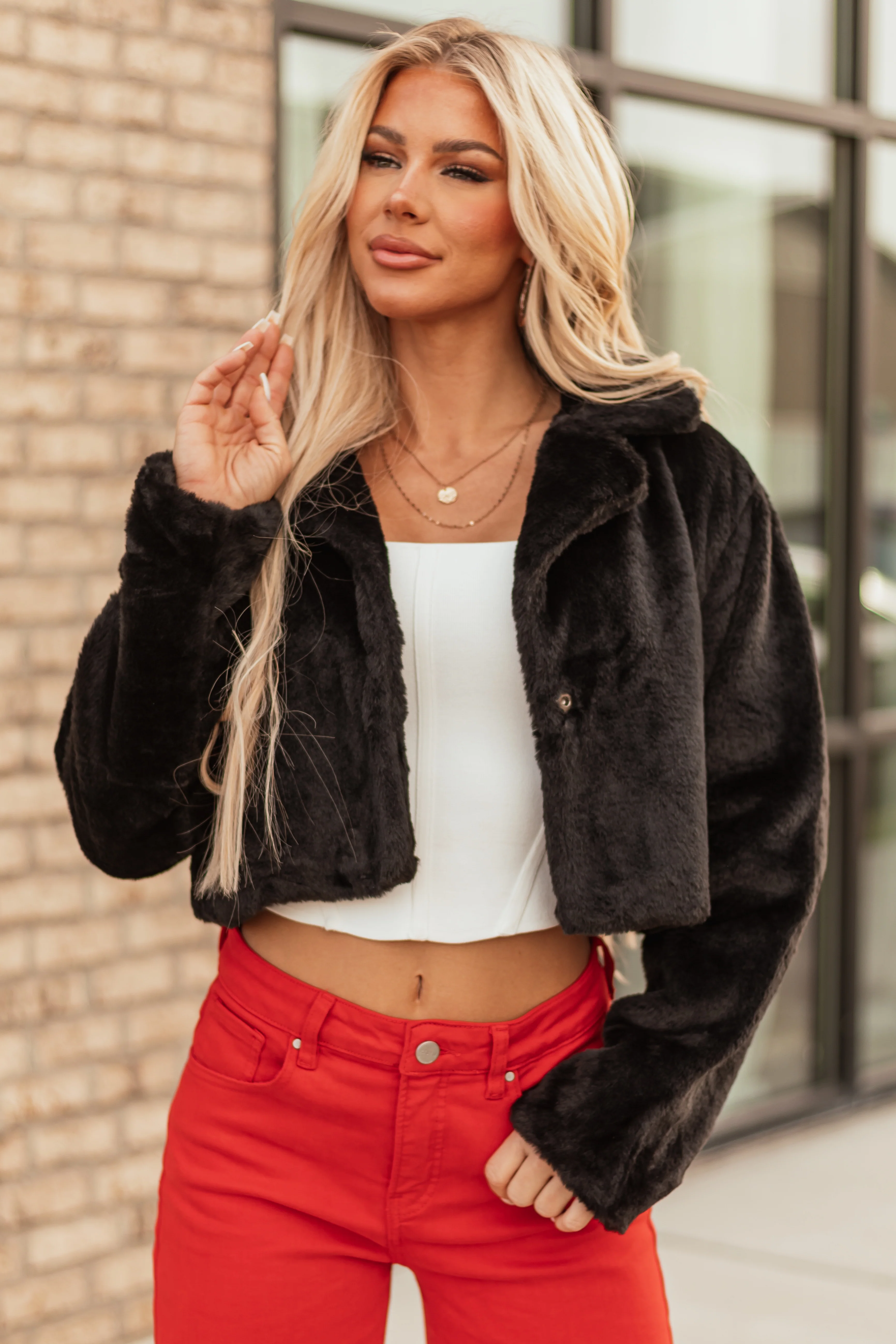 Black Faux Fur Long Sleeve Cropped Jacket - Image 2