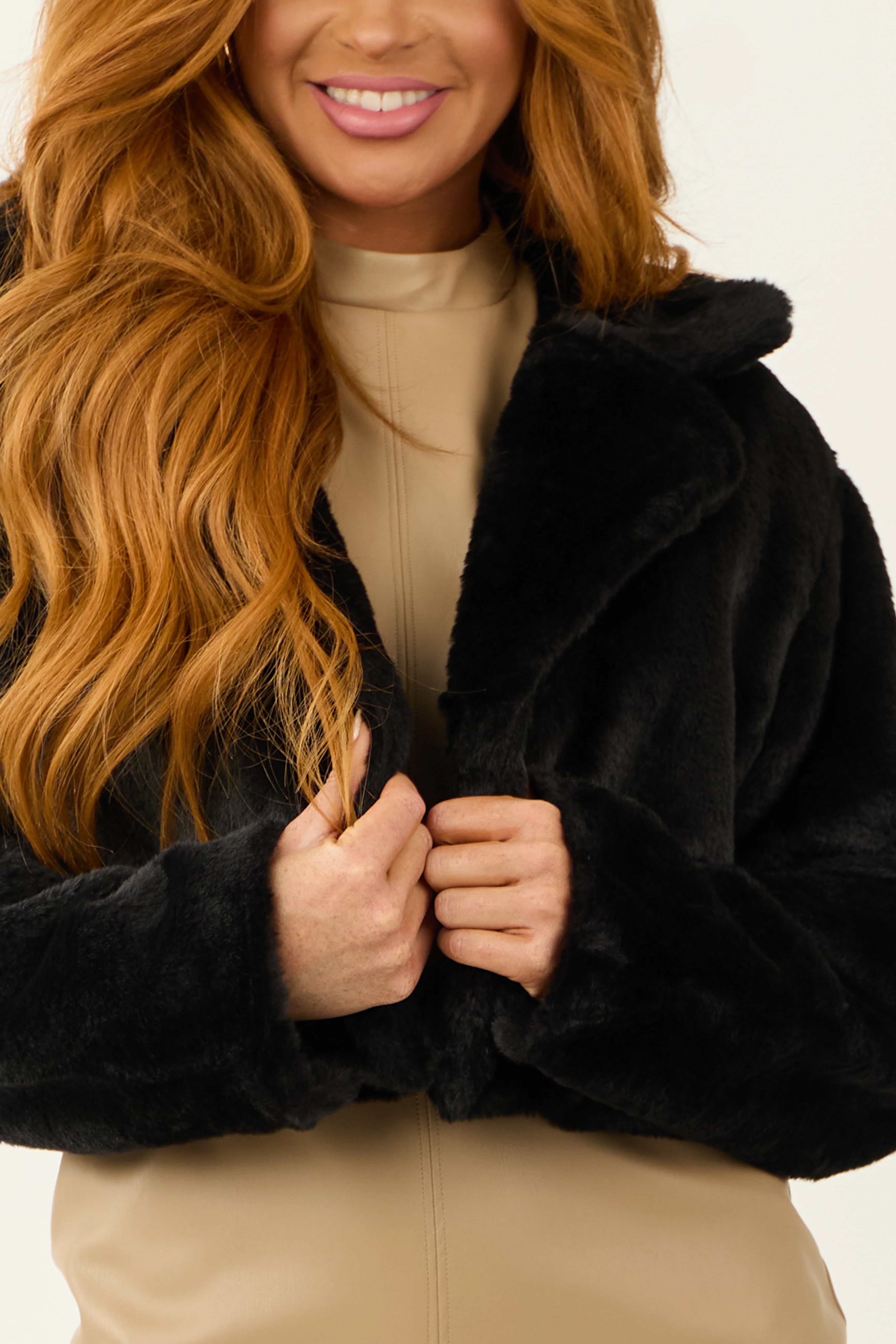 Black Faux Fur Long Sleeve Cropped Jacket - Image 8