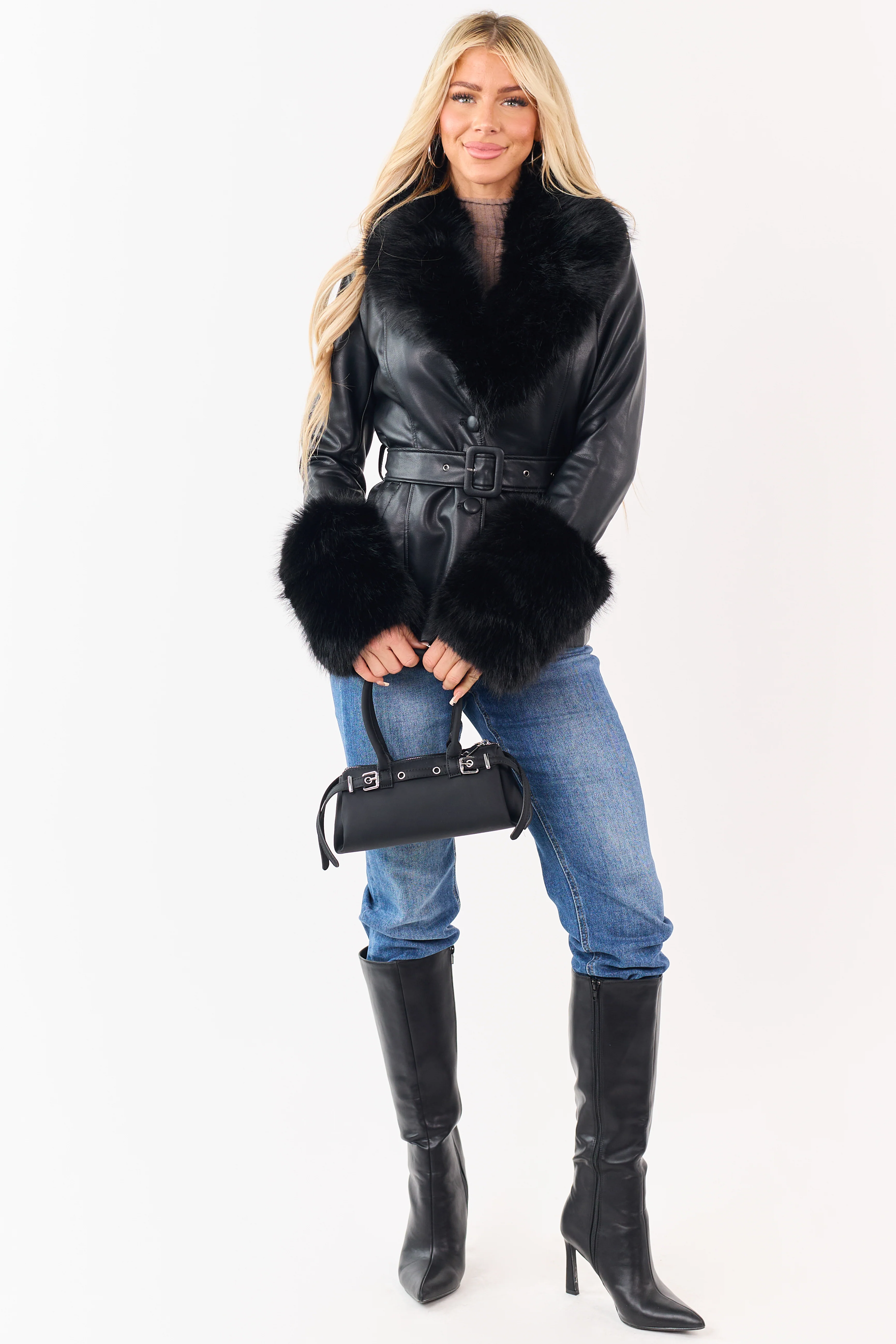 Black Faux Leather Belted Faux Fur Trim Coat - Image 2
