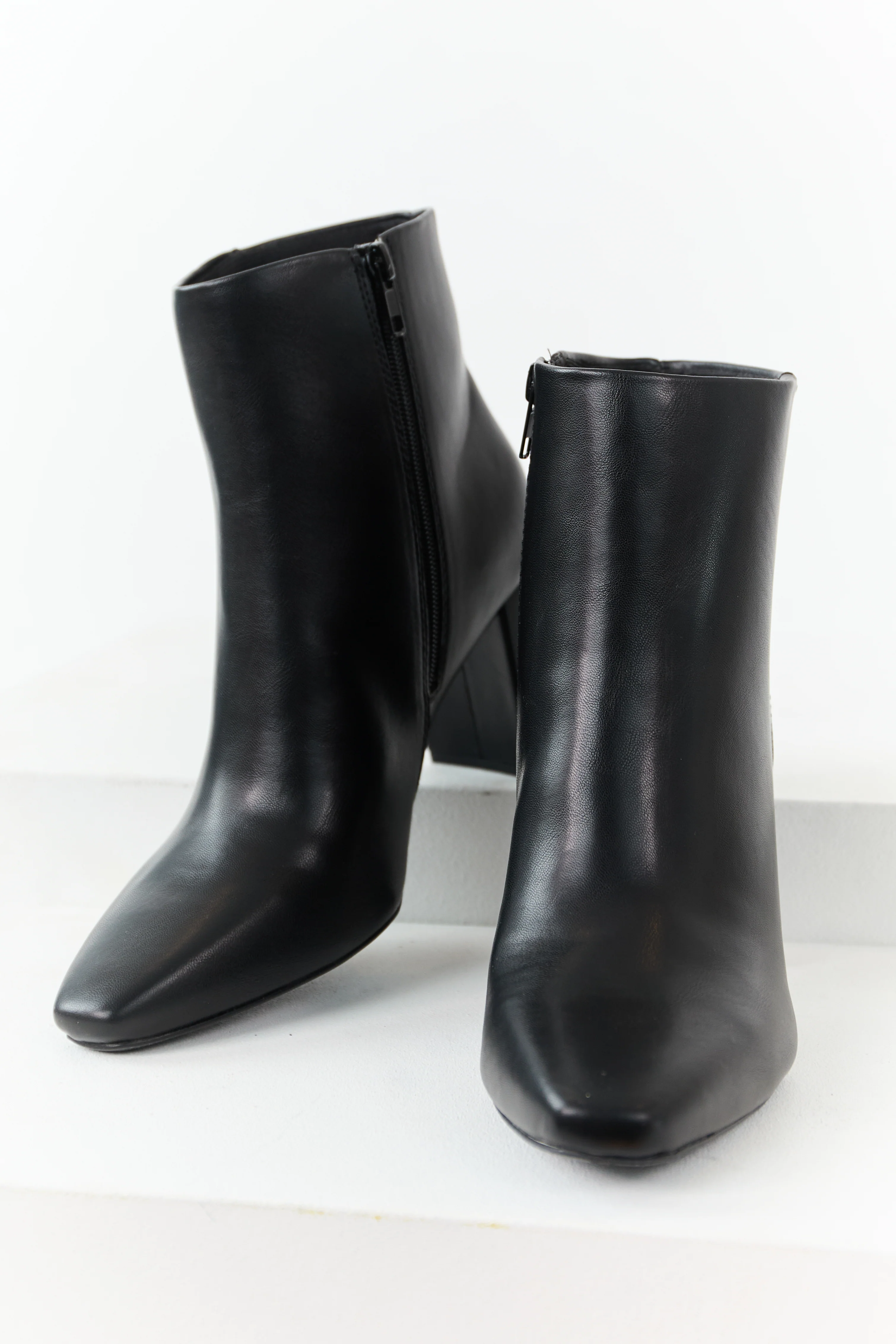 Black Faux Leather Block Heel Pointed Toe Booties - Image 3