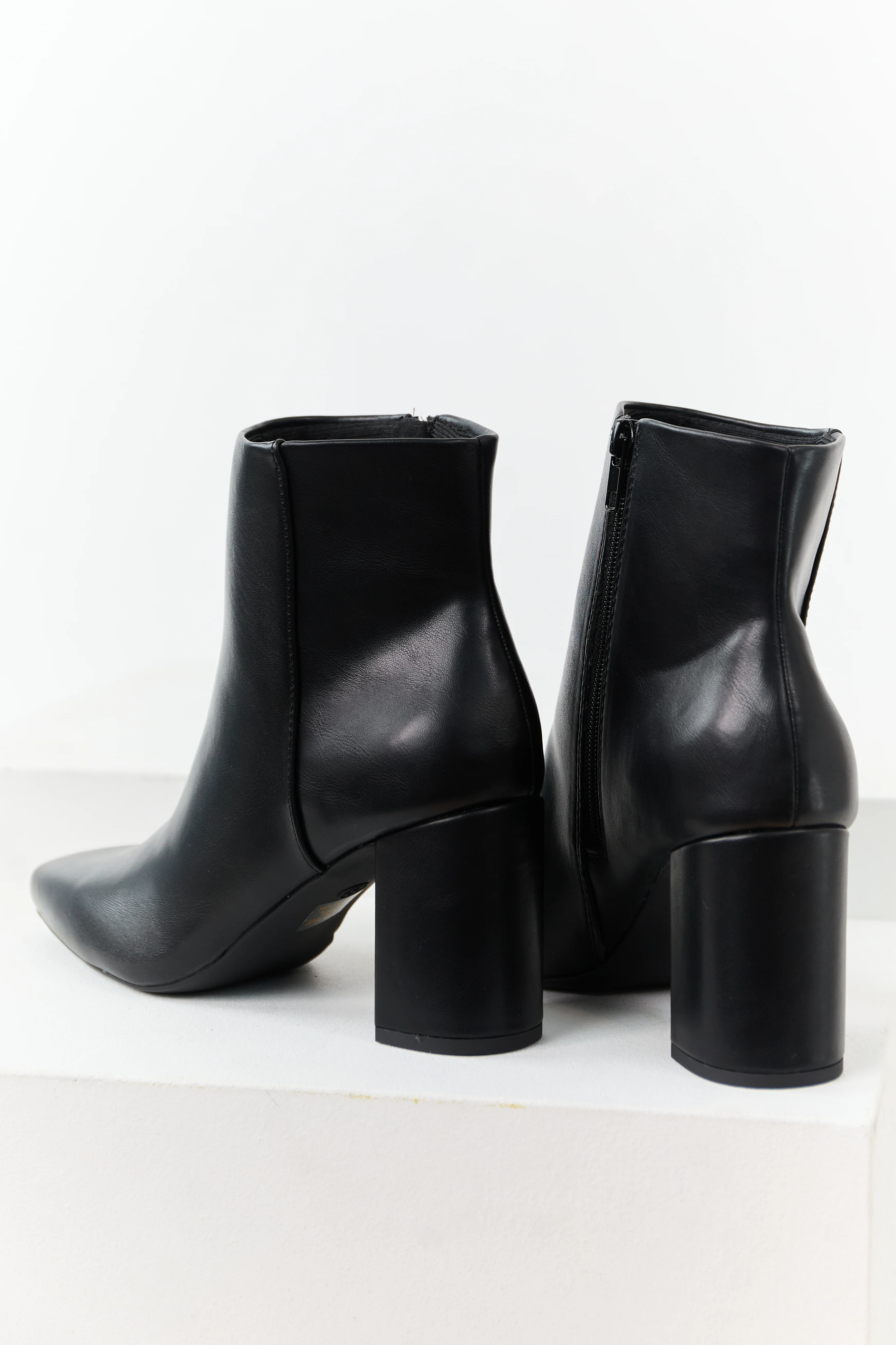 Black Faux Leather Block Heel Pointed Toe Booties - Image 4