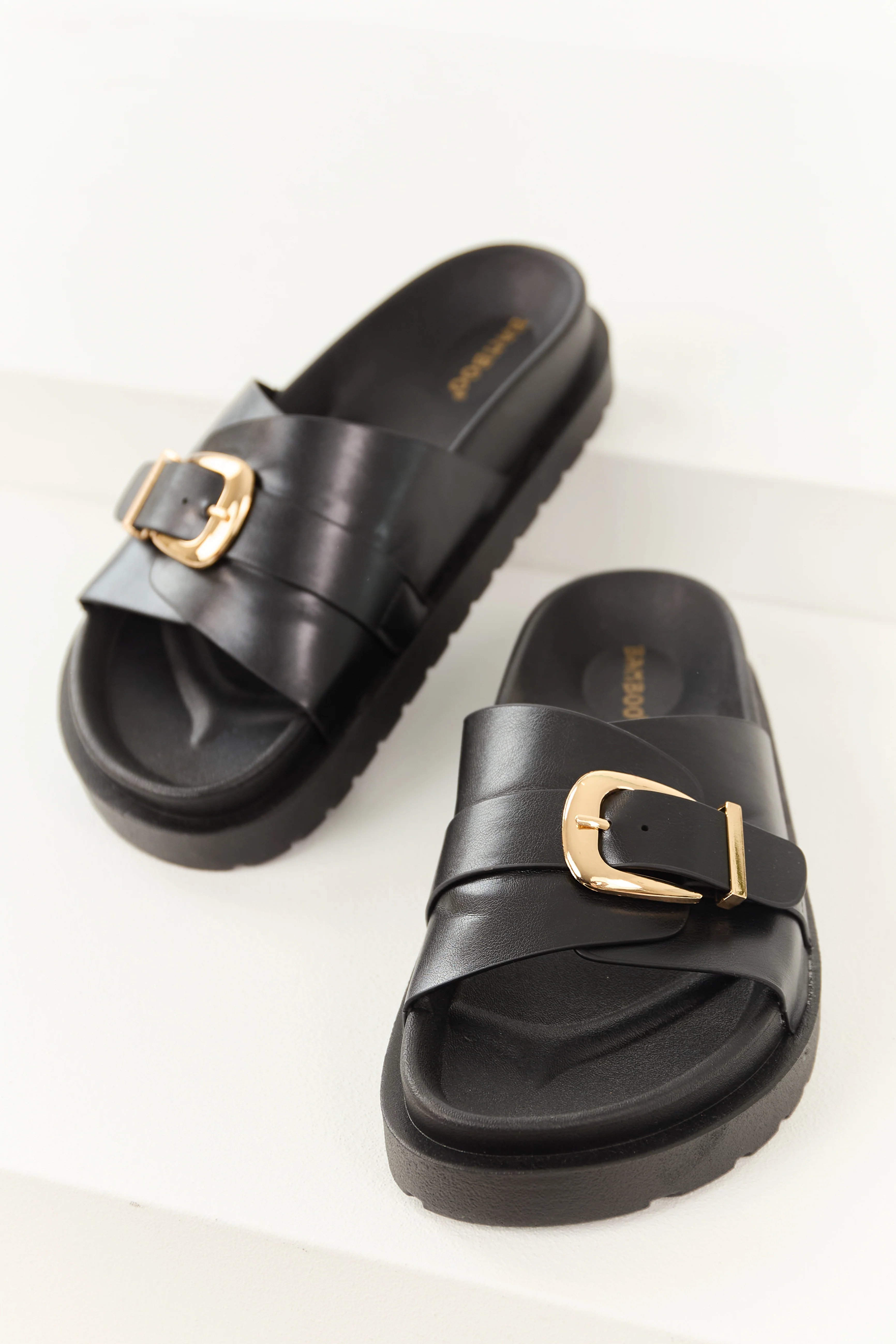 Black Faux Leather Buckle Strap Slip On Sandals