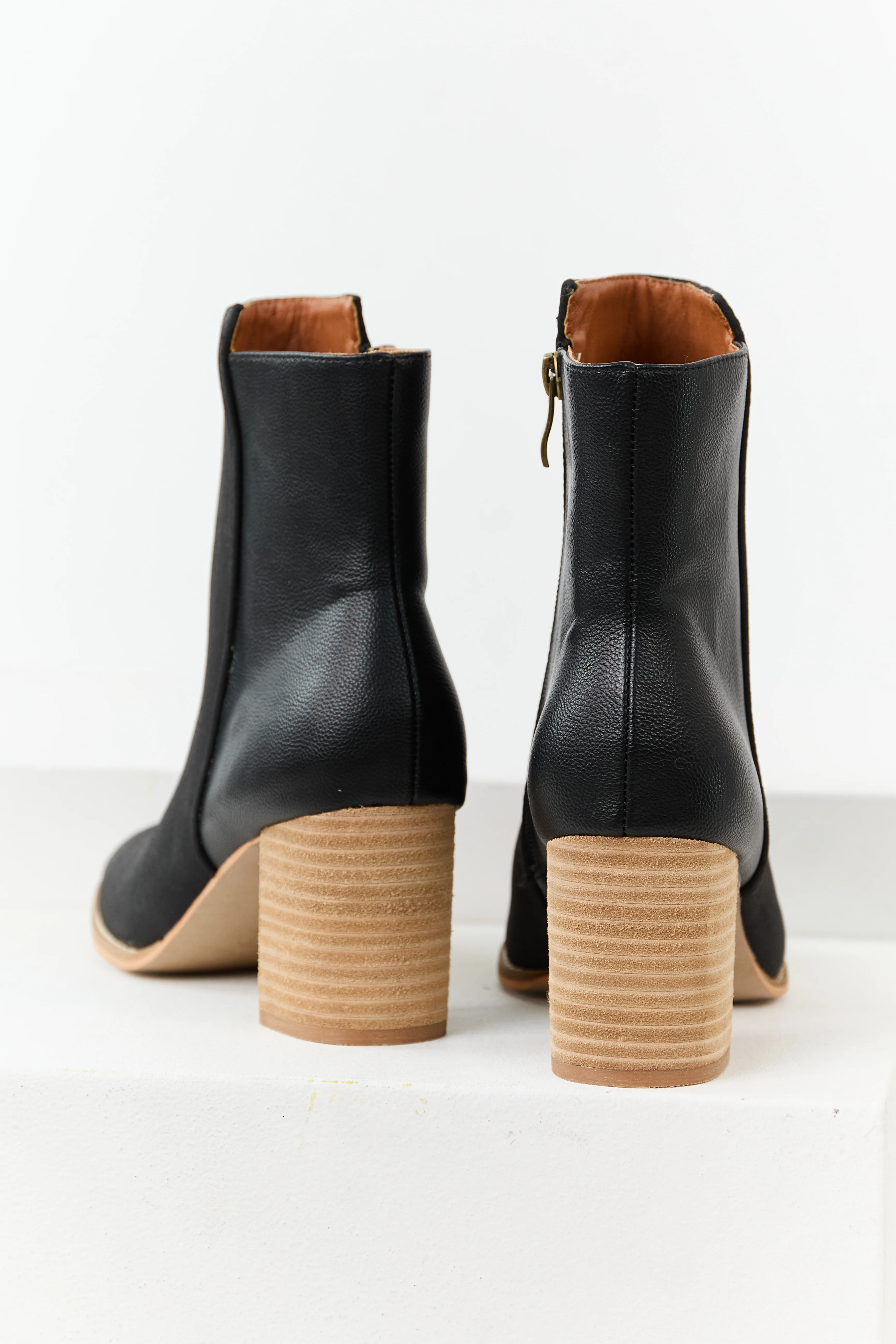 Black Faux Leather Contrast Heeled Booties - Image 3