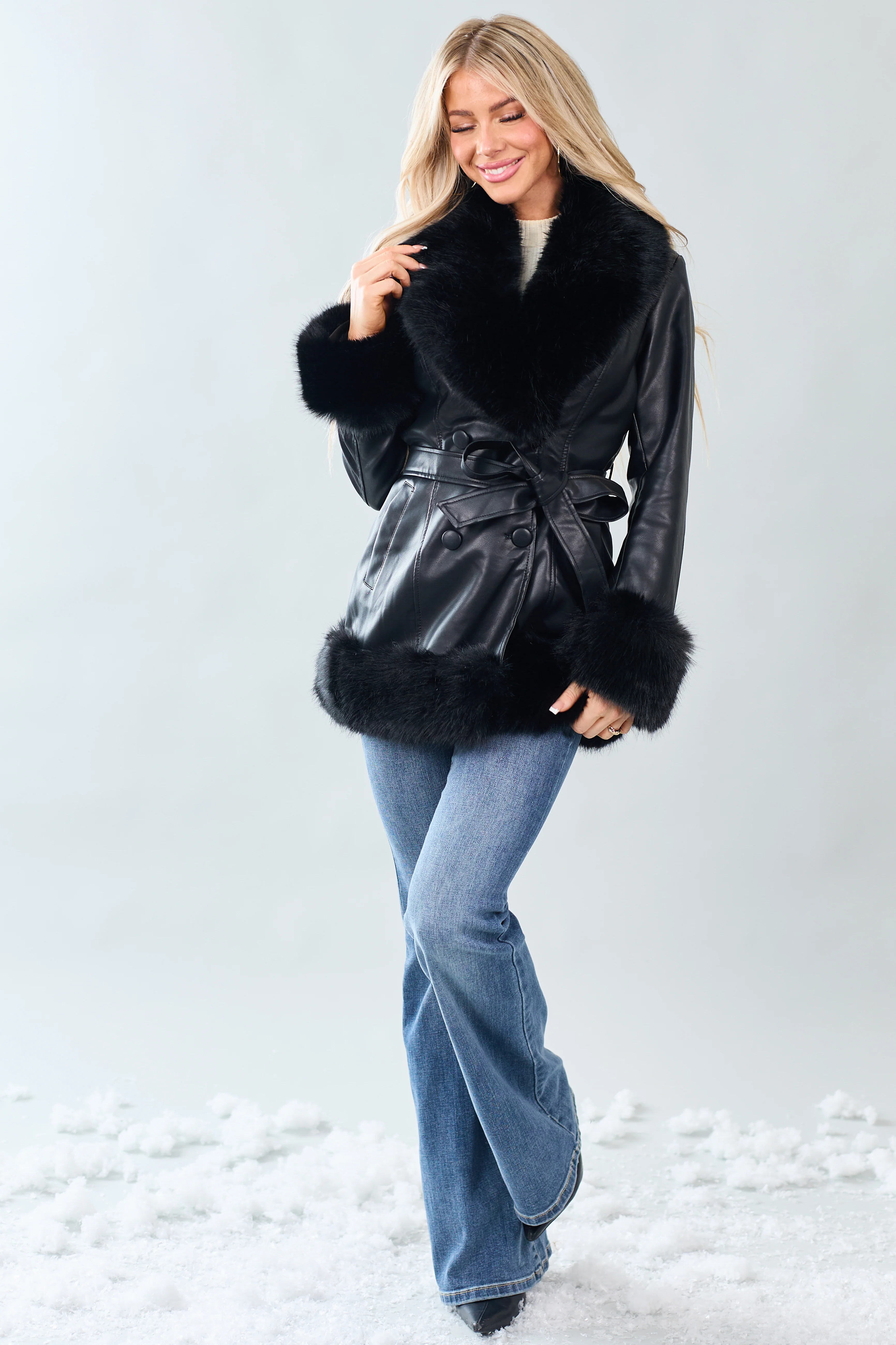 Black Faux Leather Fur Trim Long Coat - Image 4