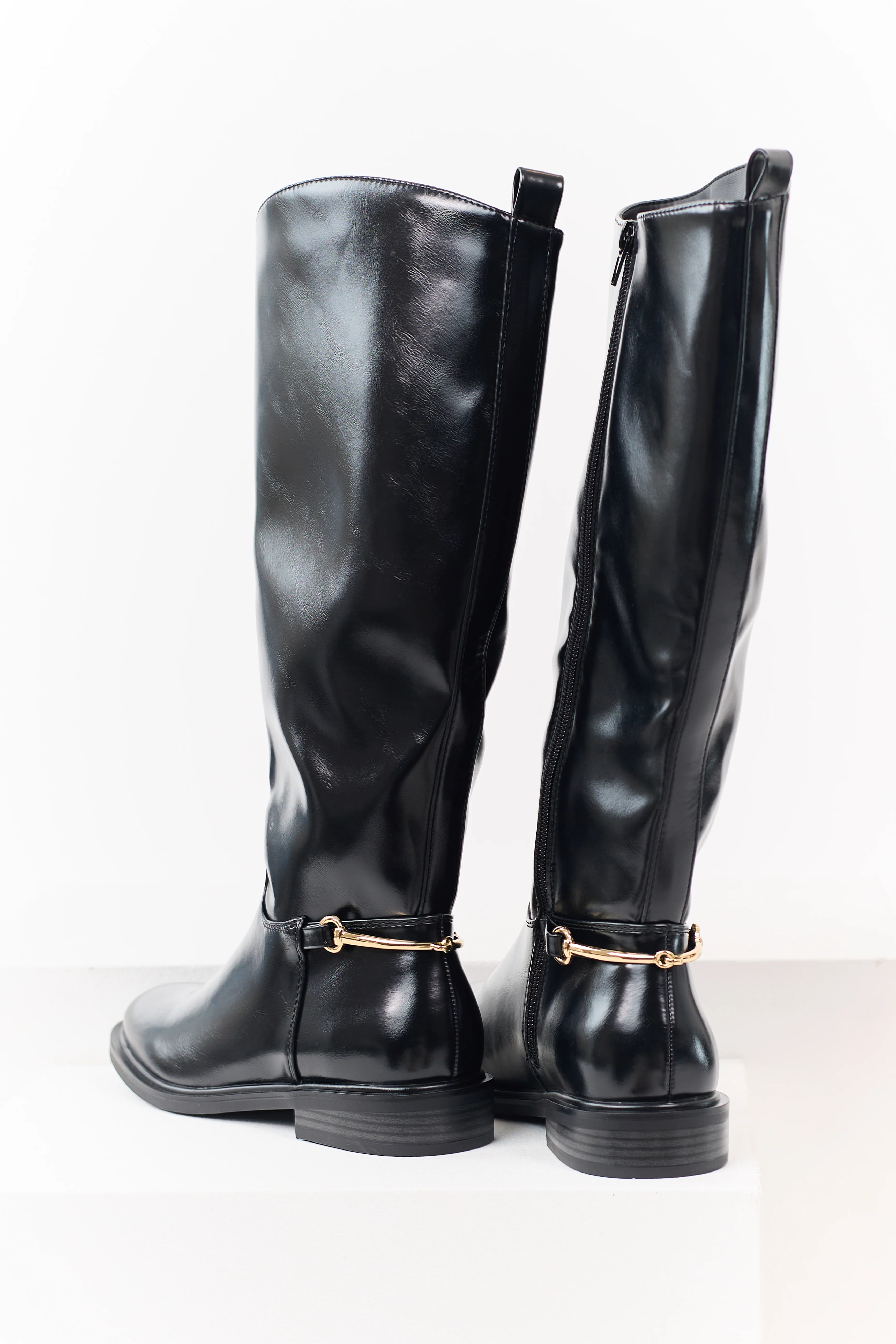 Black Faux Leather Horsebit Detail Tall Riding Boots - Image 3