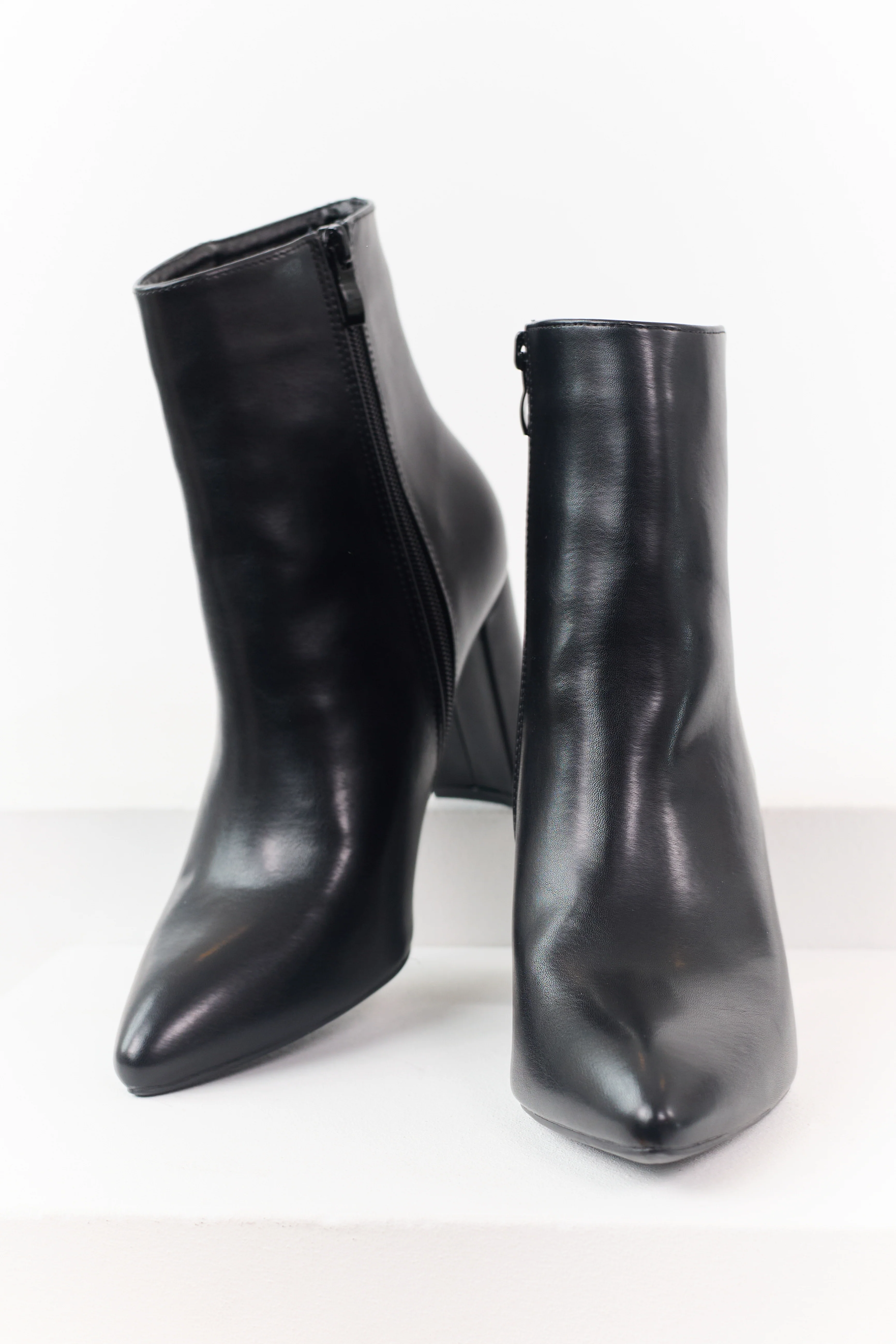 Black Faux Leather Pointed Toe Block Heel Booties - Image 2