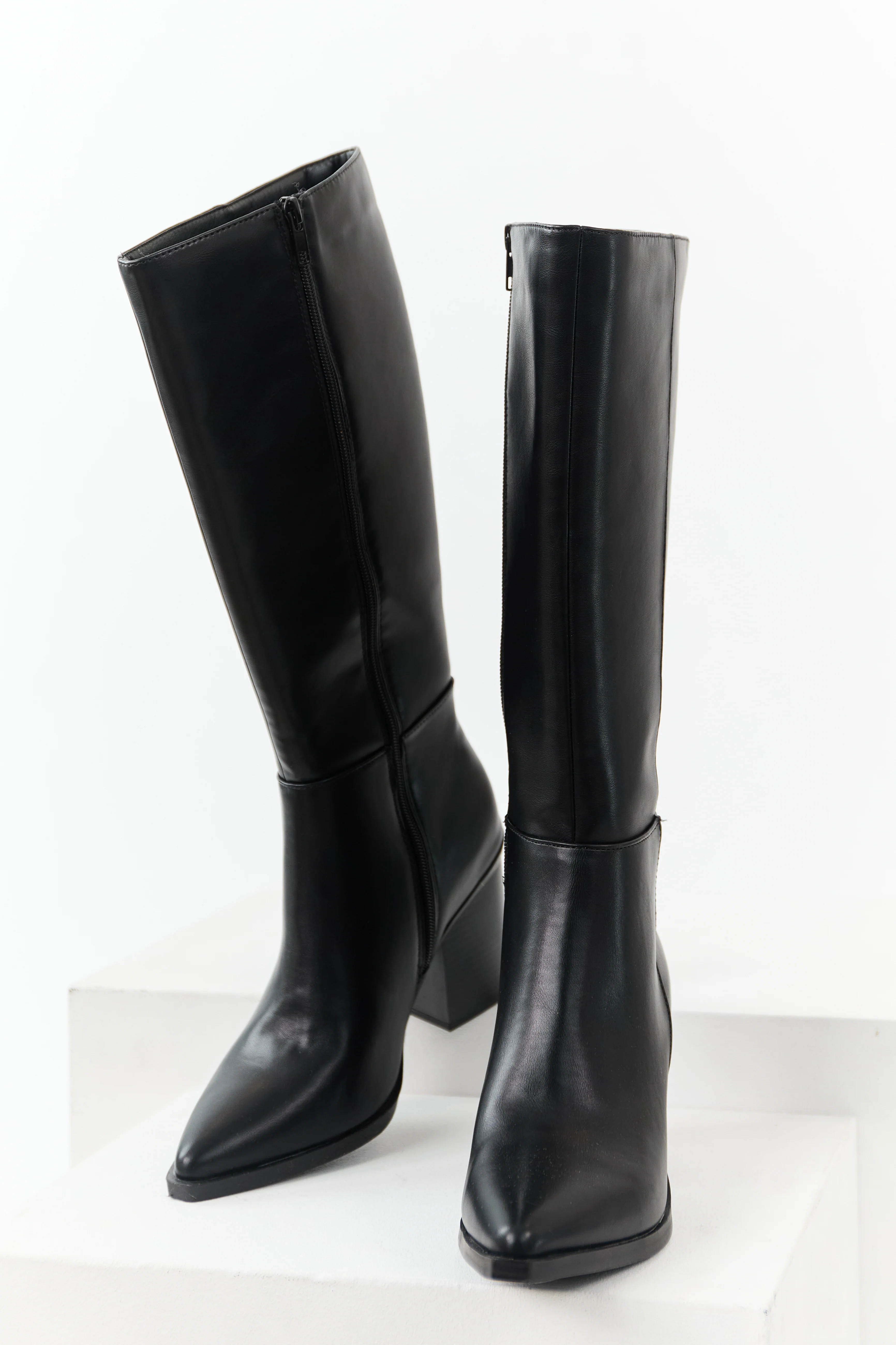 Black Faux Leather Pointed Toe Tall Boots - Image 3